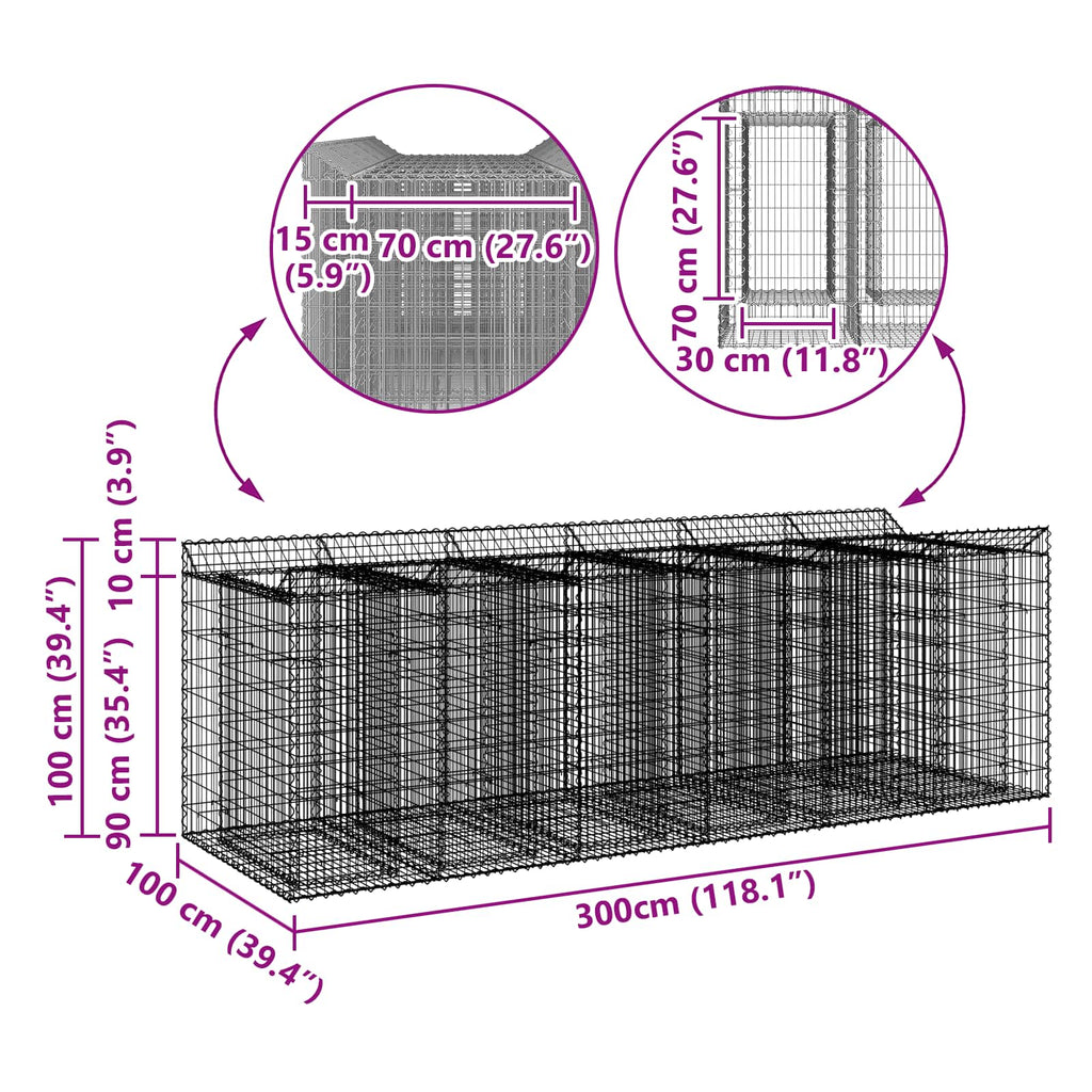 vidaXL Podniesione łóżko gabionowe 3 pcs srebrny