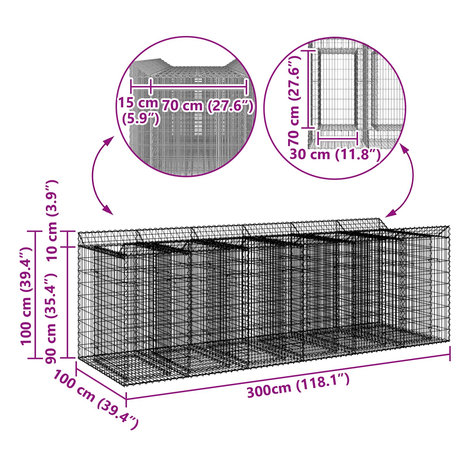 vidaXL Podniesione łóżko gabionowe 3 pcs srebrny