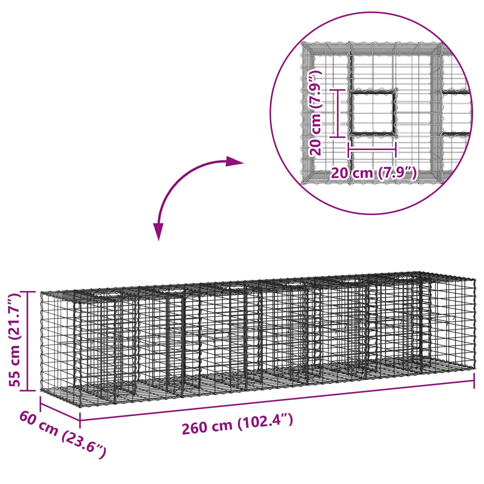 vidaXL Podniesione łóżko gabionowe 2 pcs Srebrny 260 x 60 x 55 cm
