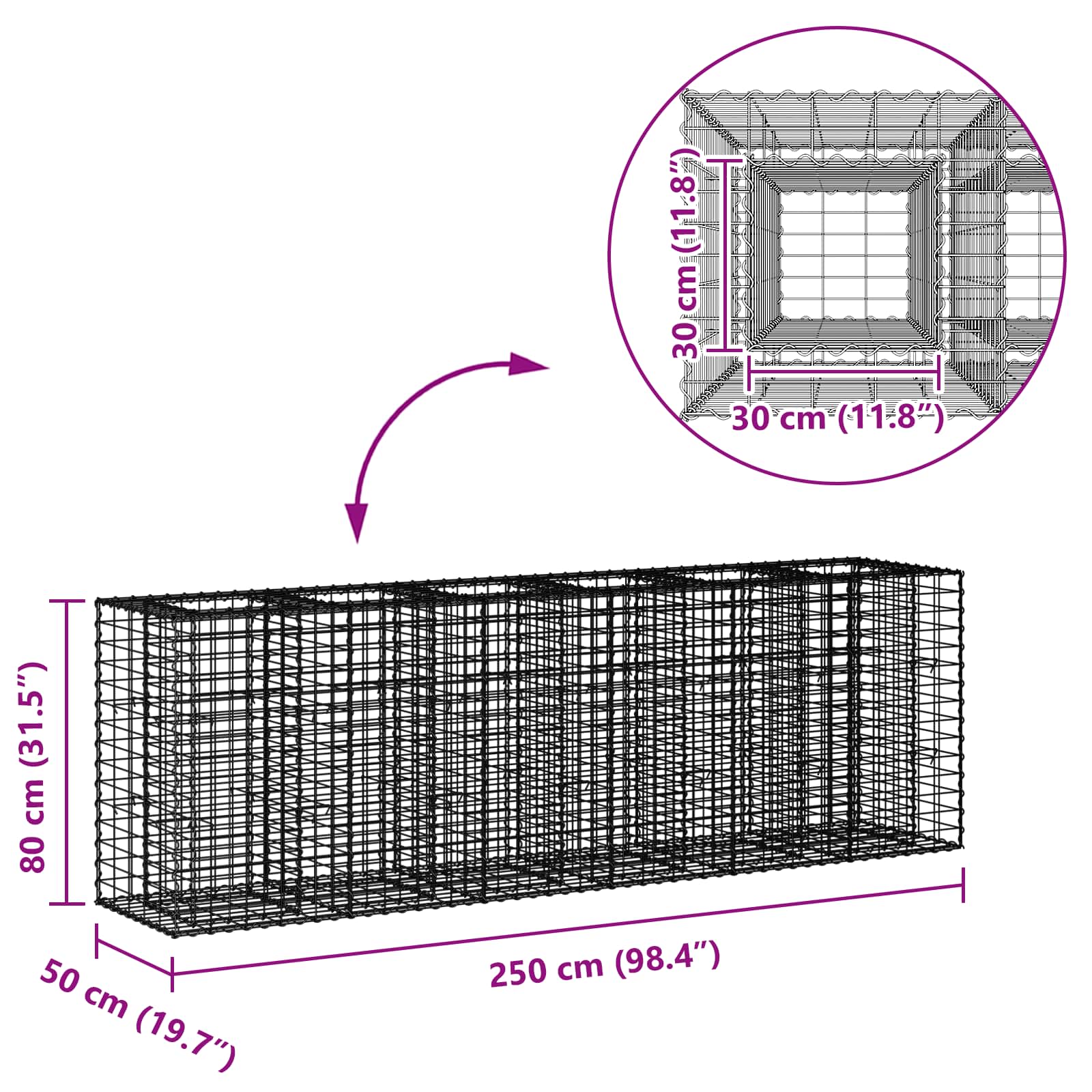 vidaXL Podniesione łóżko gabionowe 2 pcs Srebrny 250 x 50 x 80 cm