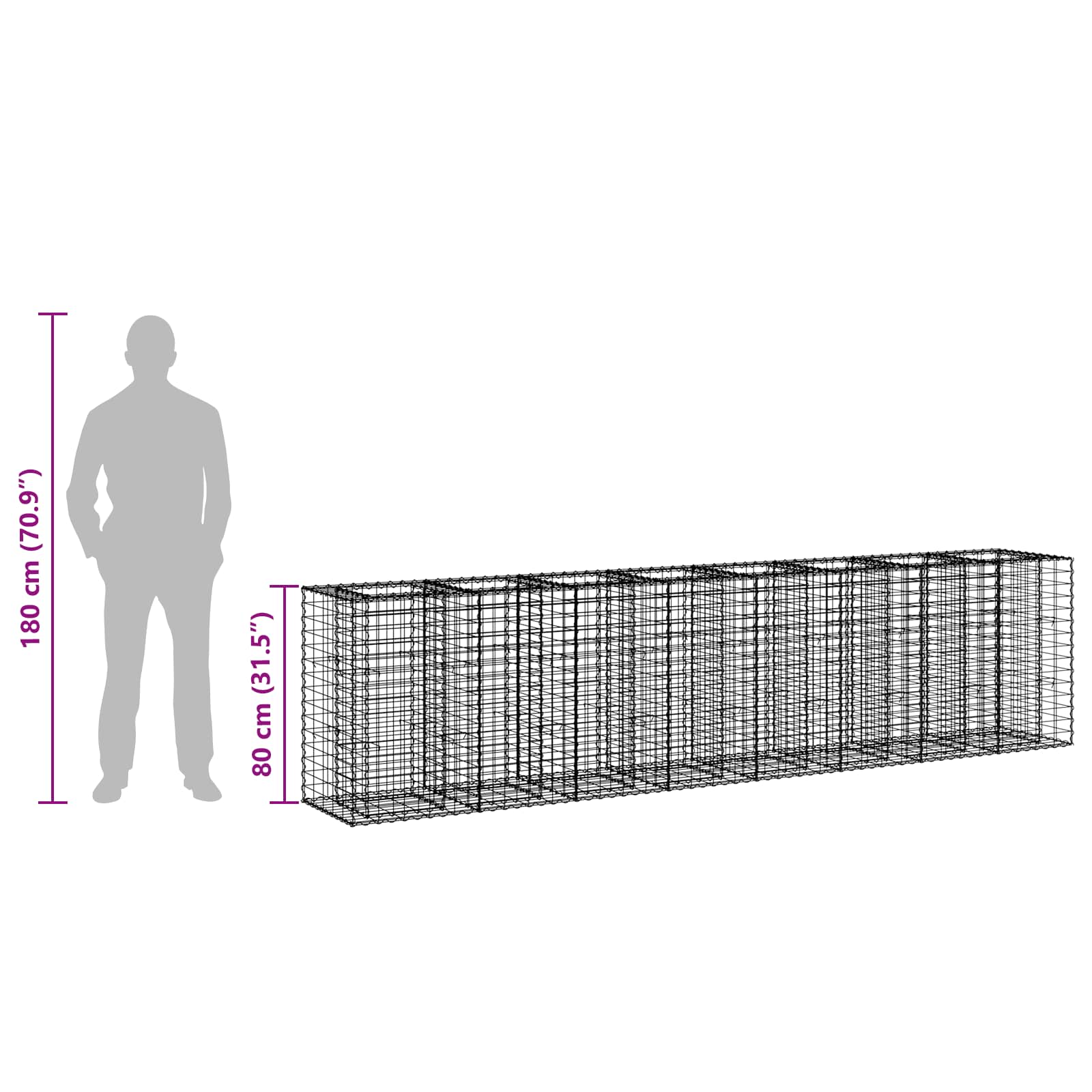 vidaXL Podniesione łóżko gabionowe 2 pcs Srebrny 330 x 50 x 80 cm