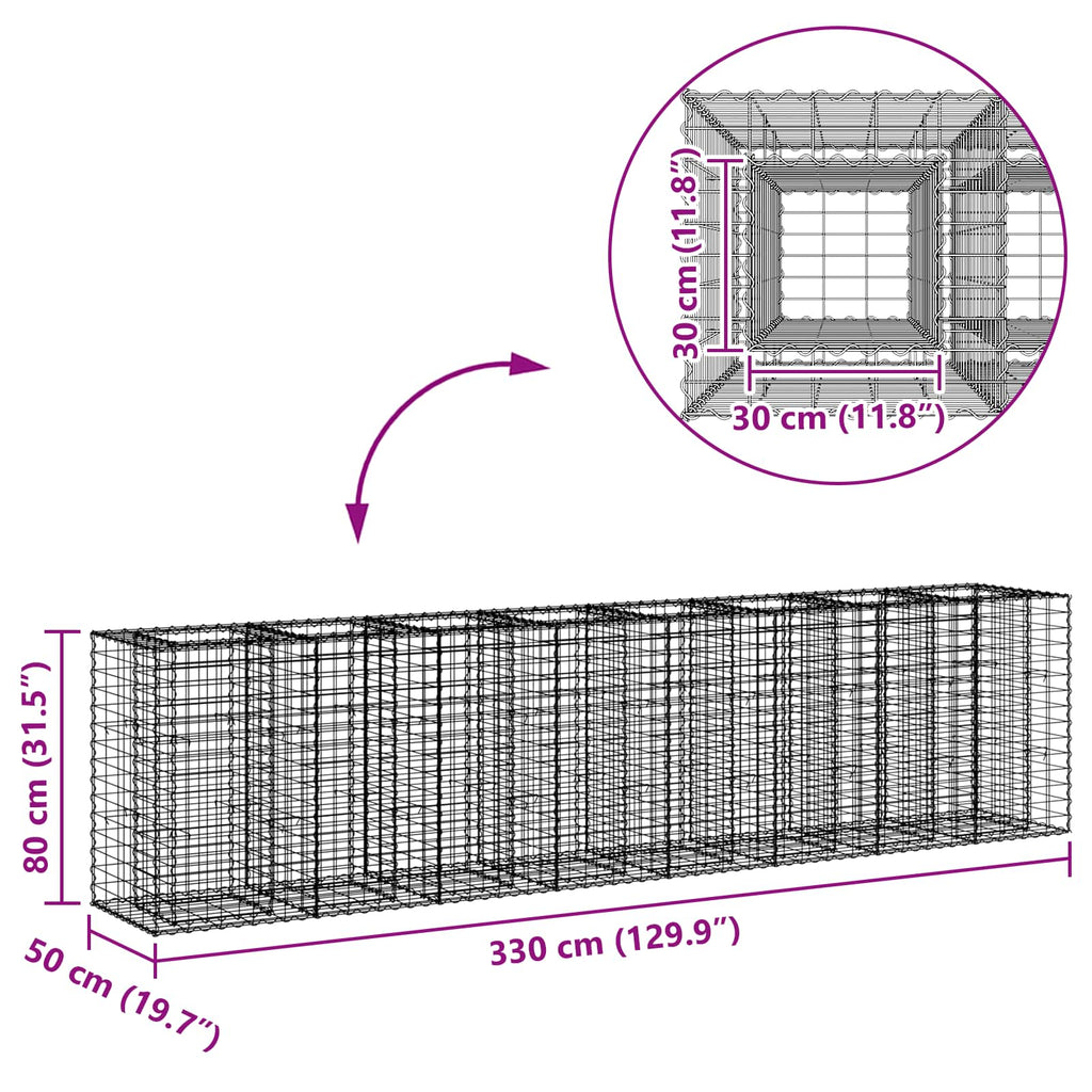 vidaXL Podniesione łóżko gabionowe 2 pcs Srebrny 330 x 50 x 80 cm