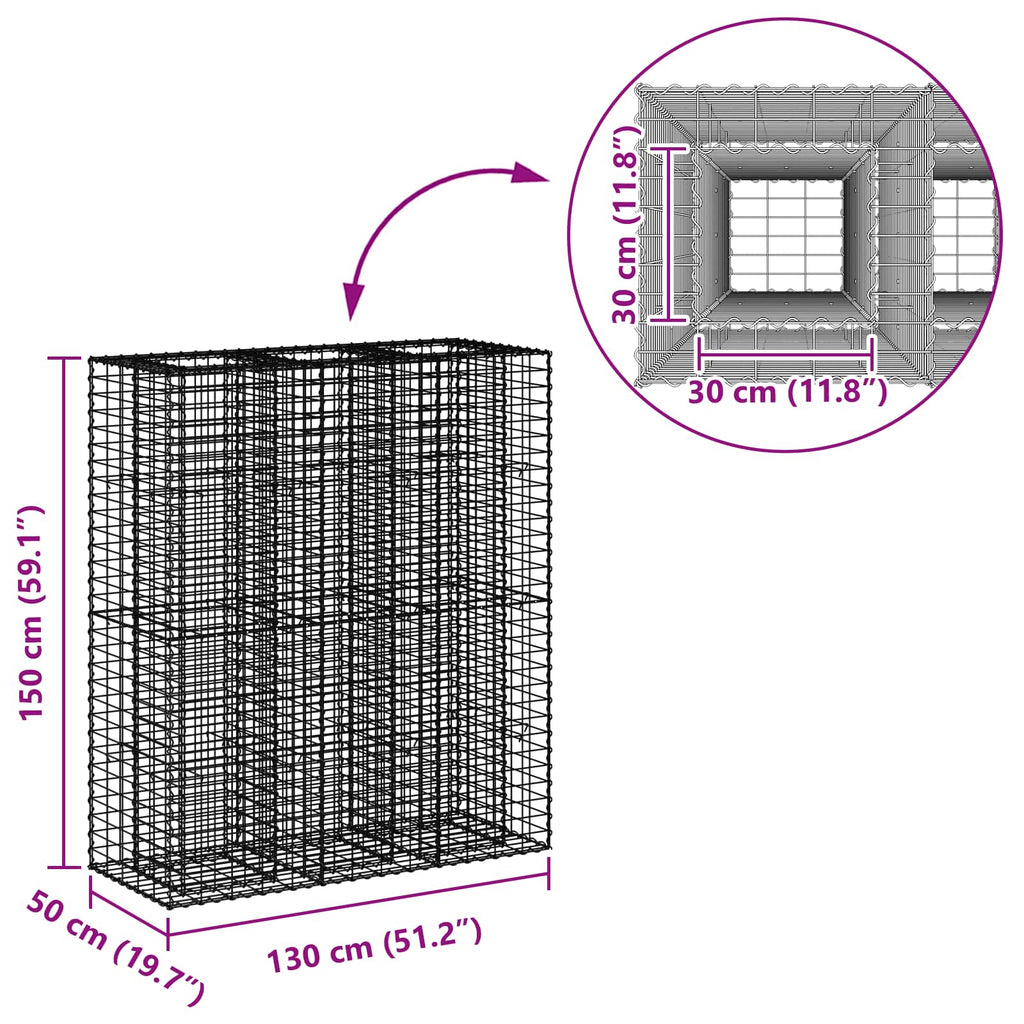 vidaXL Podniesione łóżko gabionowe 2 pcs Srebrny 130 x 50 x 150 cm