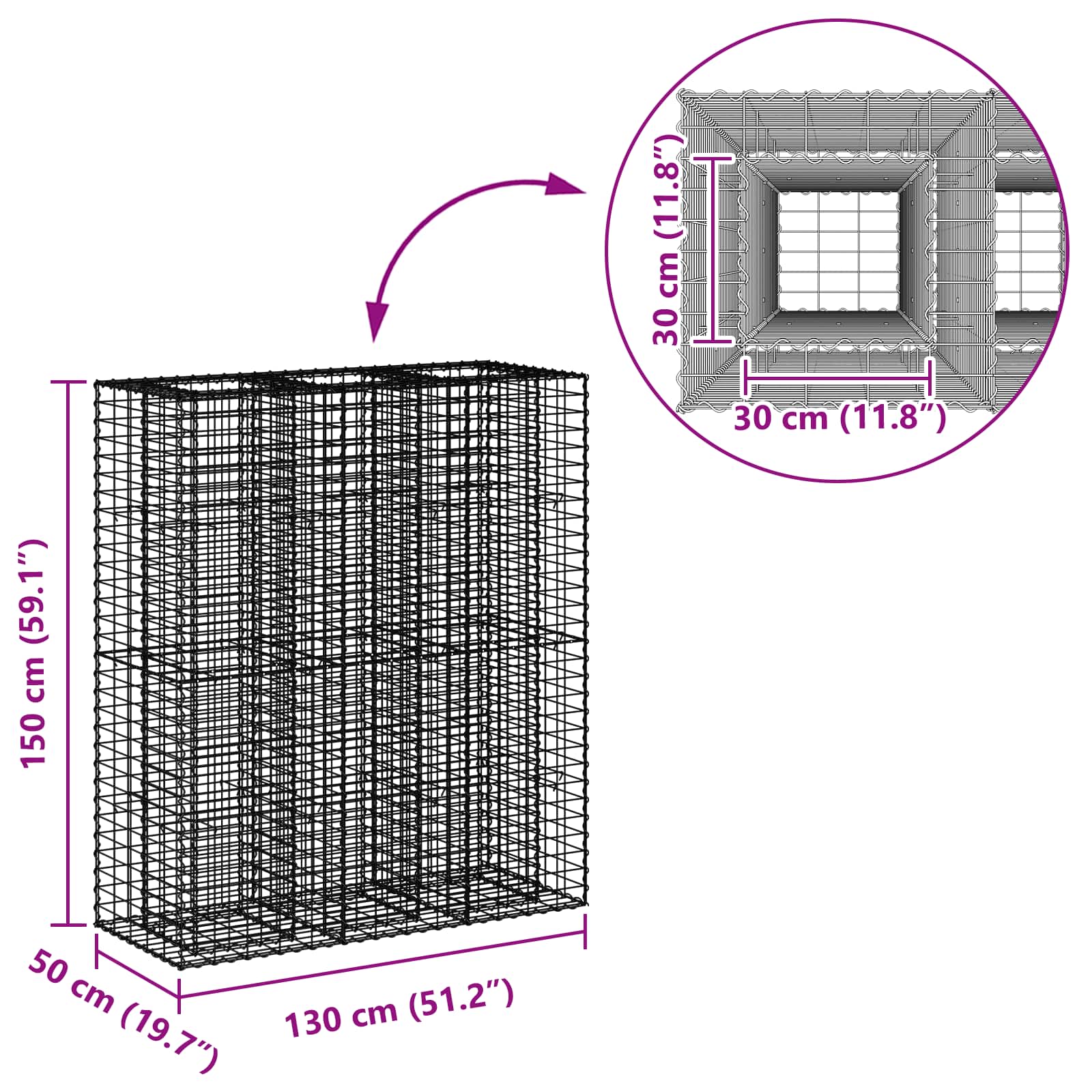 vidaXL Podniesione łóżko gabionowe 2 pcs Srebrny 130 x 50 x 150 cm