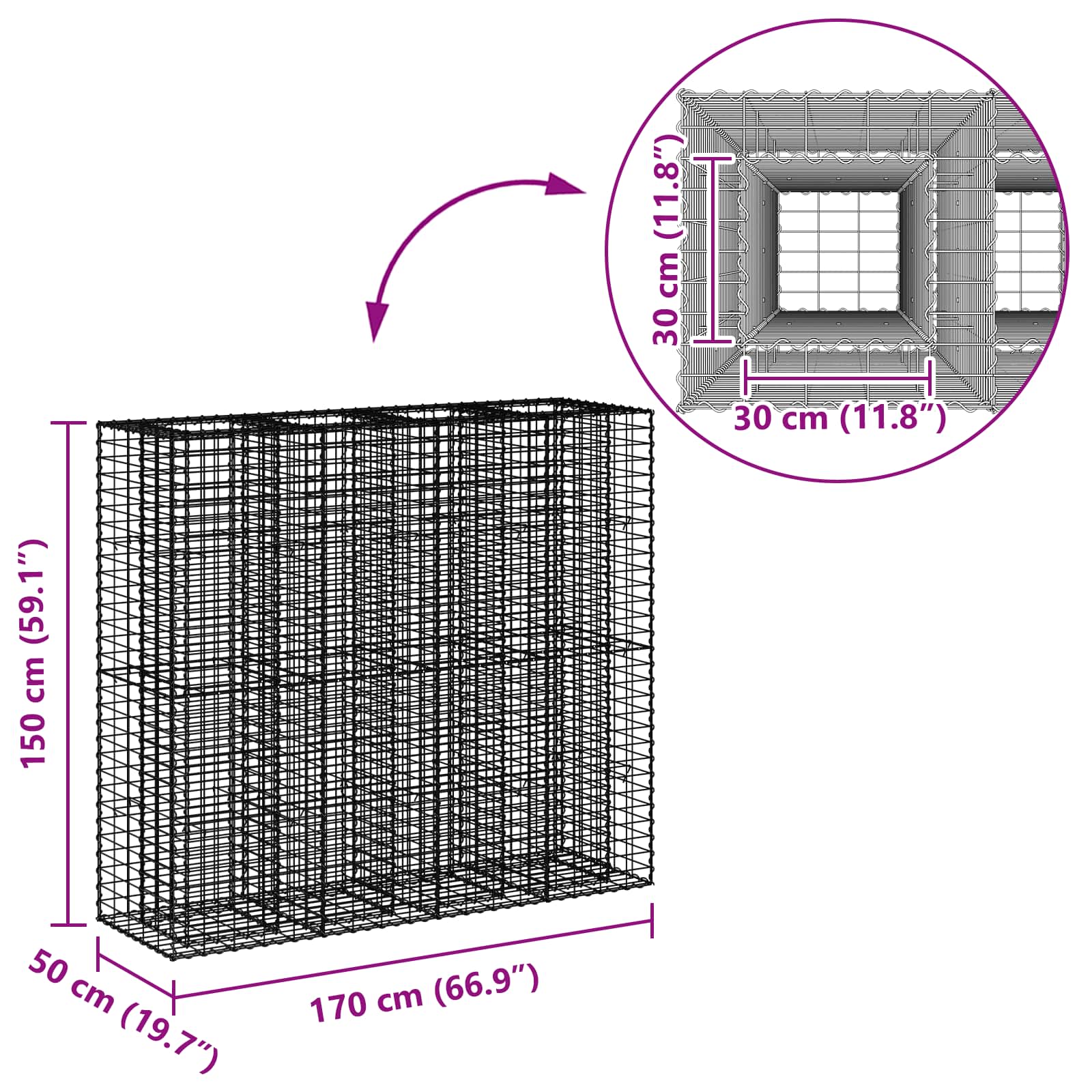 vidaXL Podniesione łóżko gabionowe 2 pcs Srebrny 170 x 50 x 150 cm