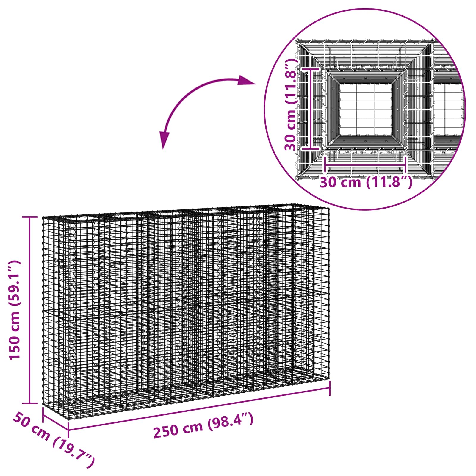vidaXL Podniesione łóżko gabionowe 3 pcs Srebrny 250 x 50 x 150 cm