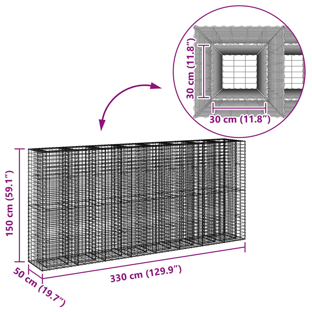 vidaXL Podniesione łóżko gabionowe 4 pcs Srebrny 330 x 50 x 150 cm