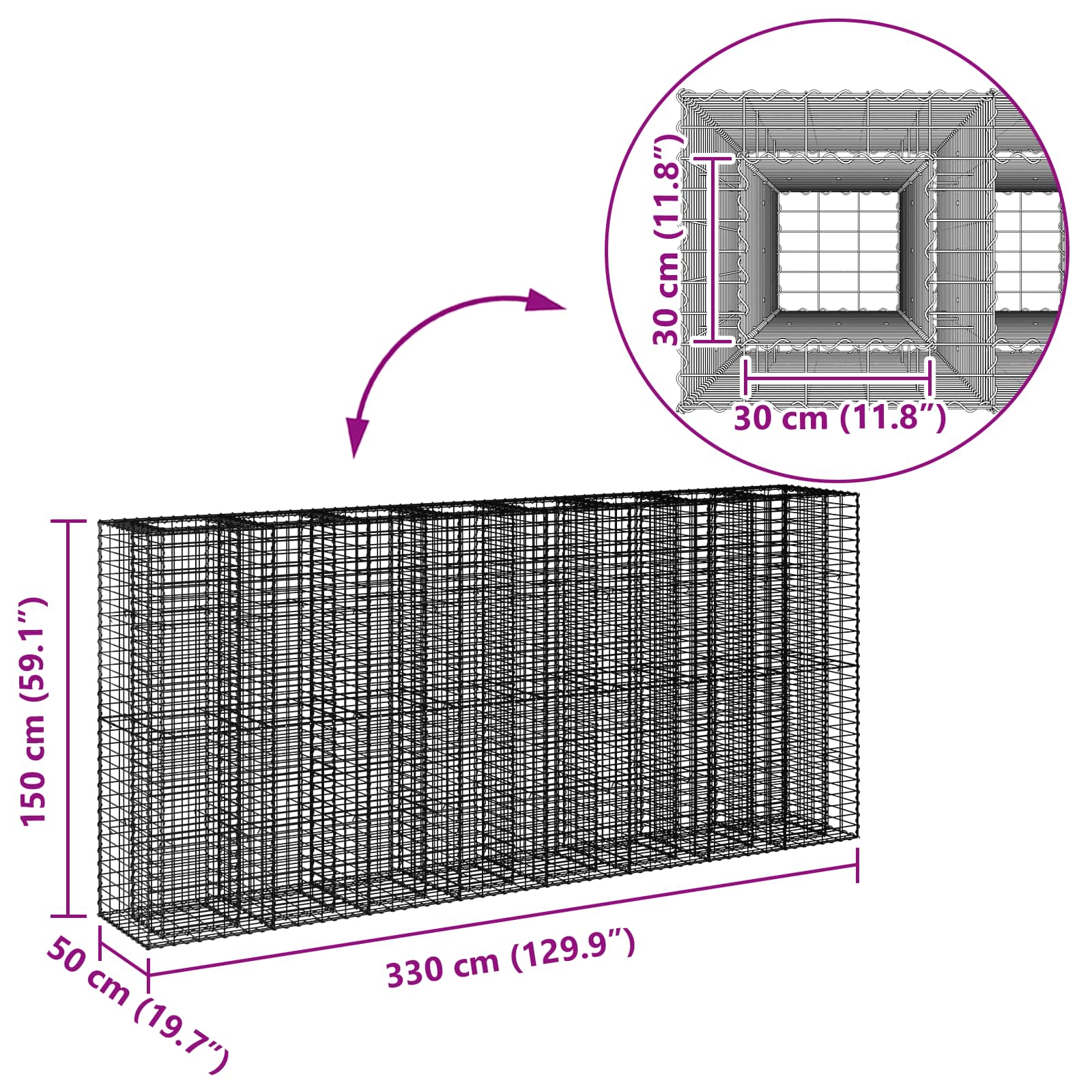 vidaXL Podniesione łóżko gabionowe 4 pcs Srebrny 330 x 50 x 150 cm