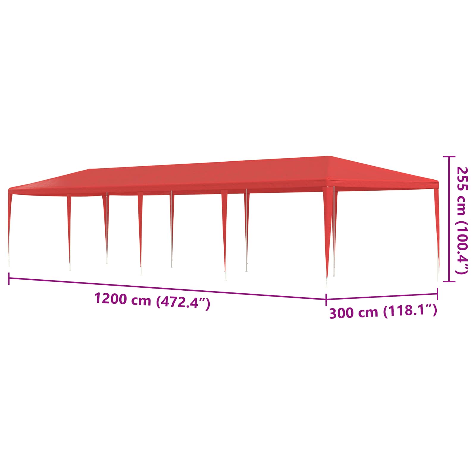 vidaXL Namiot Imprezowy Czerwony 1200 x 300 x 255 cm PE i stal