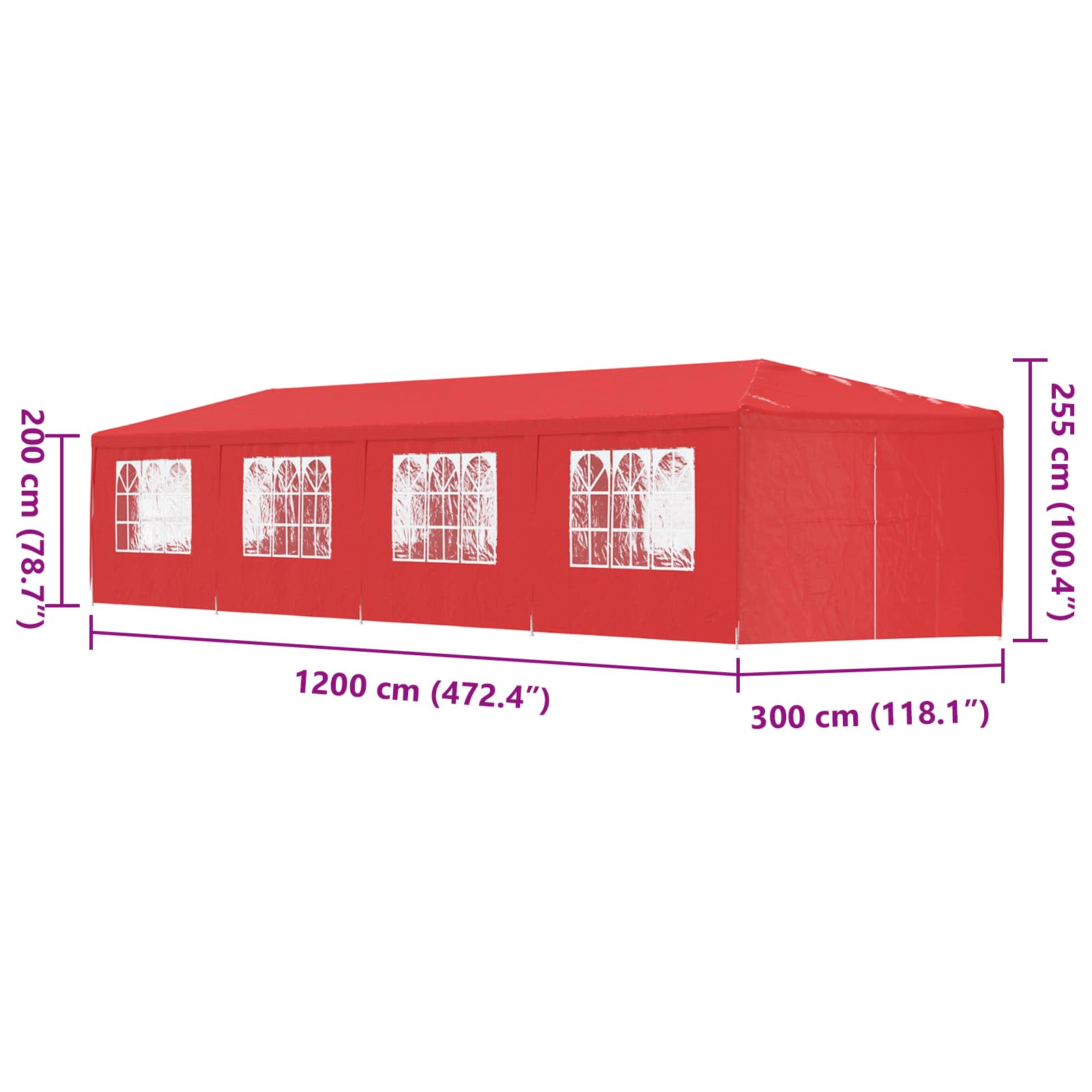 vidaXL Namiot Imprezowy 1200 x 300 x 255 cm czerwony PE i stal