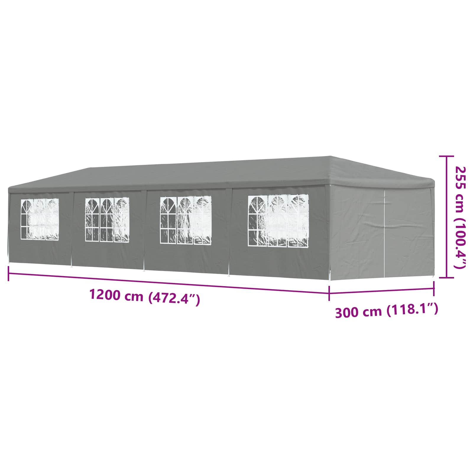 vidaXL Namiot Imprezowy 1200 x 300 x 255 cm jasnoszary PE i stal