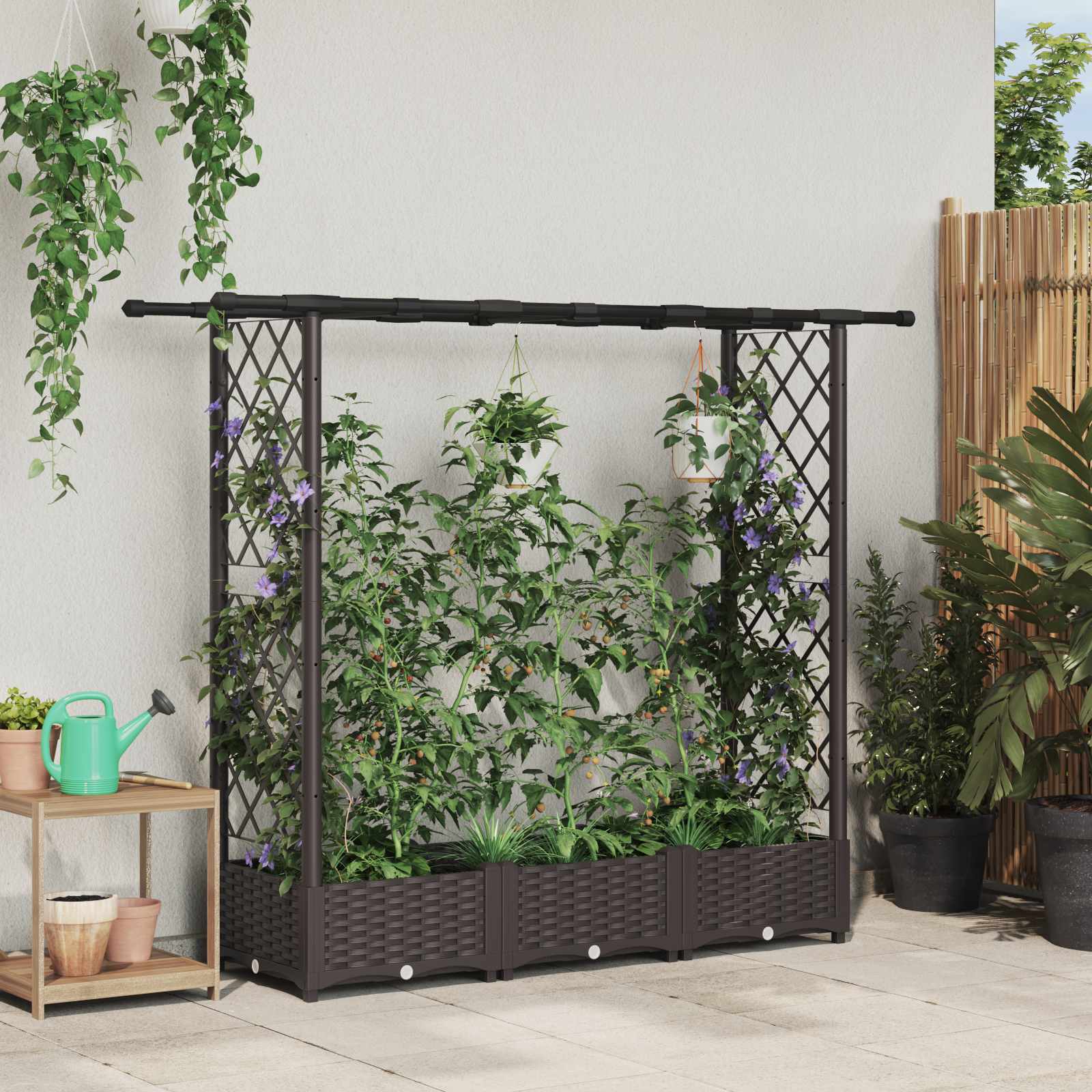 vidaXL Podniesione łóżko z kratką i dachem brązowy 164 x 40 x 121 cm