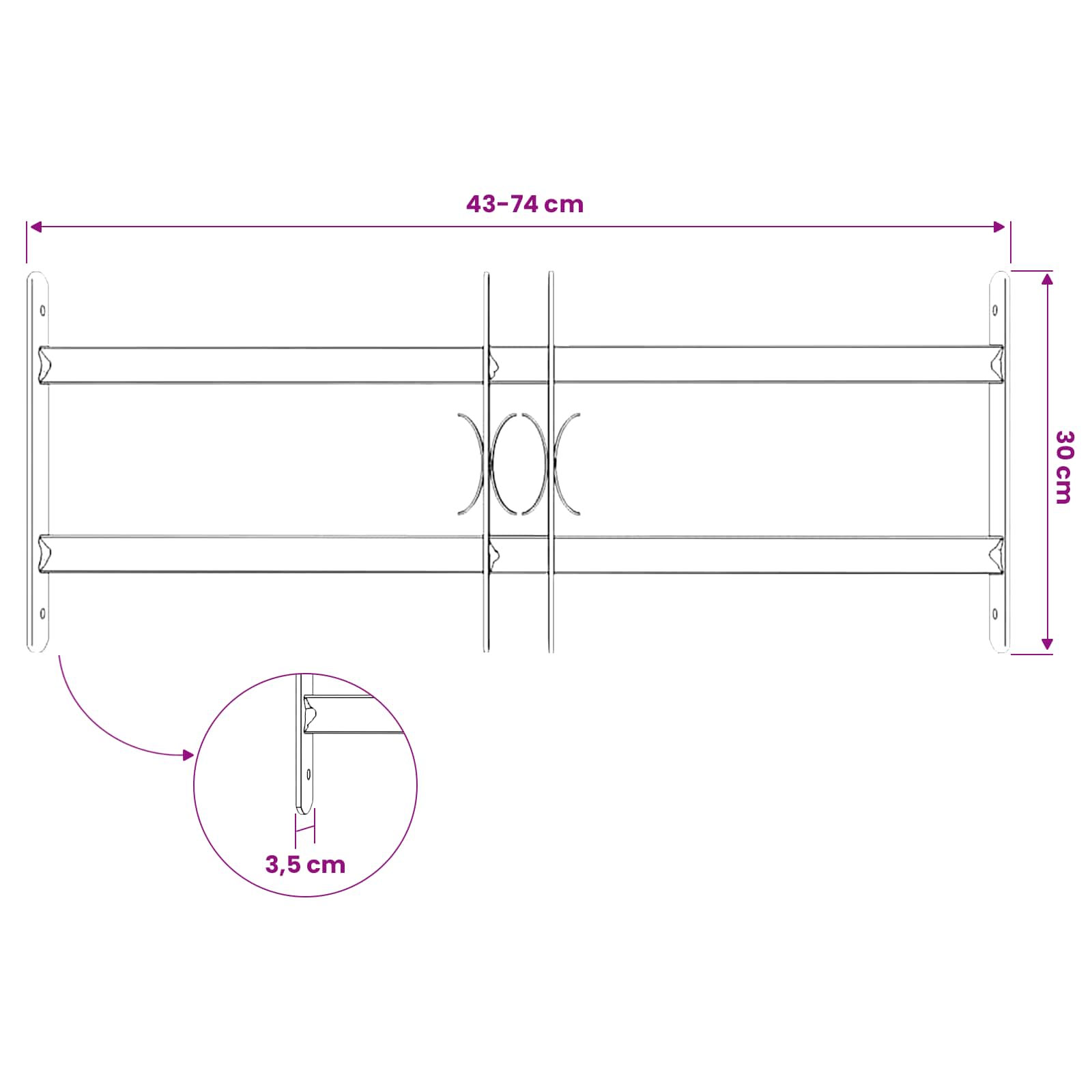 vidaXL Krata bezpieczeństwa do okien z 2 poprzeczkami 3 pcs 43-74 cm