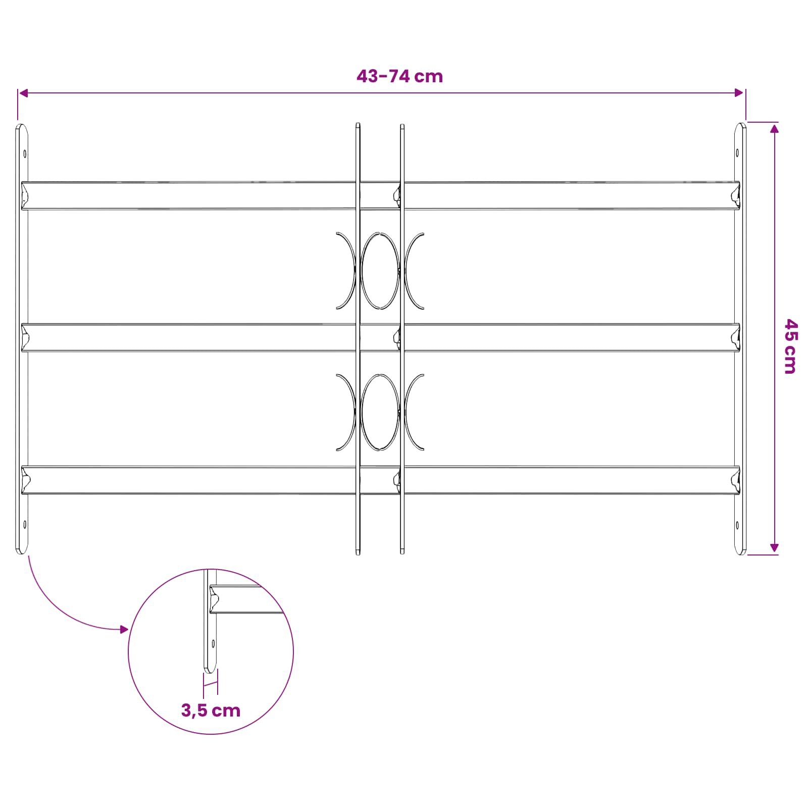 vidaXL Krata zabezpieczająca do okien z 3 poprzeczkami 3 pcs 43-74 cm