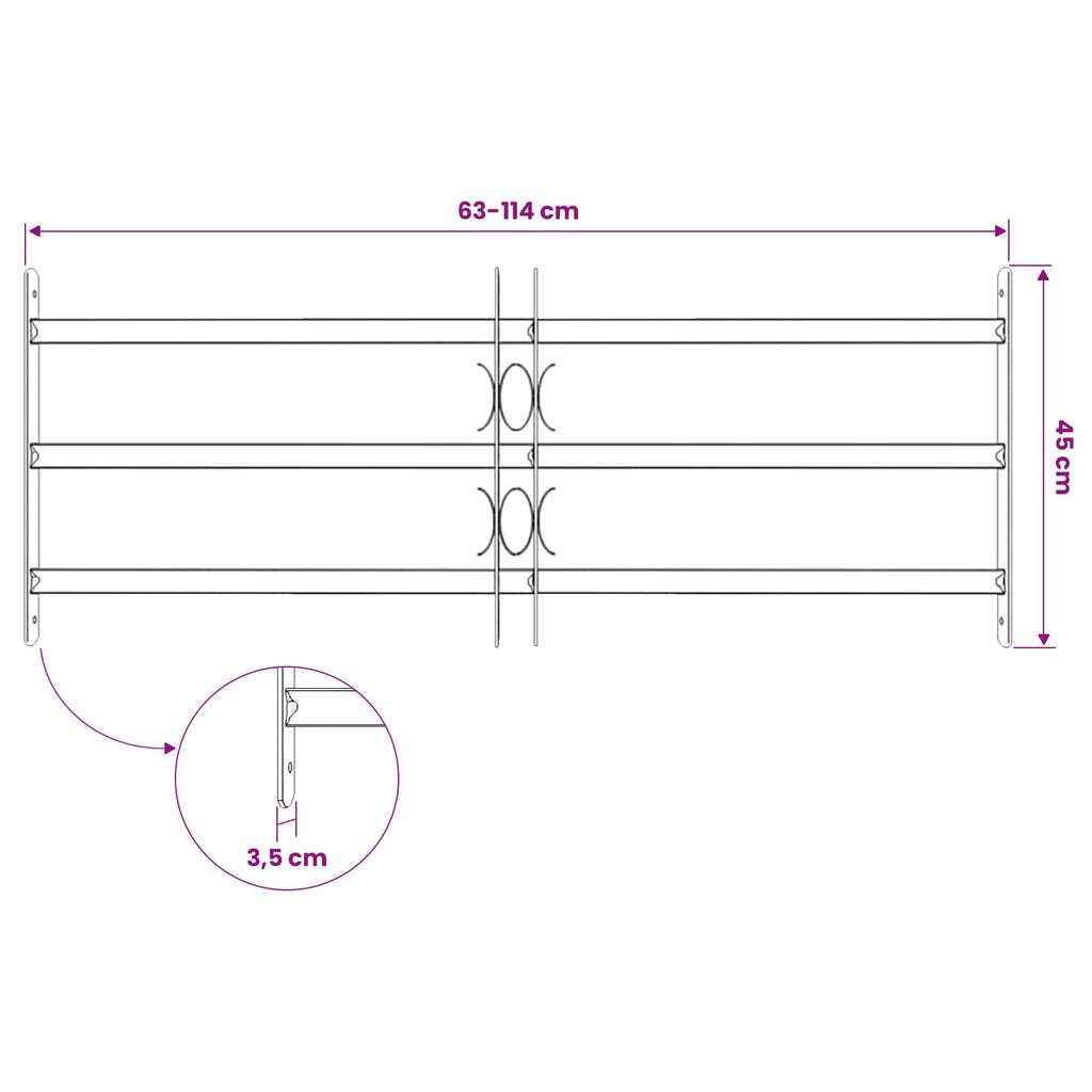 vidaXL Krata zabezpieczająca do okien z 3 poprzeczkami 3 pcs 63-114 cm