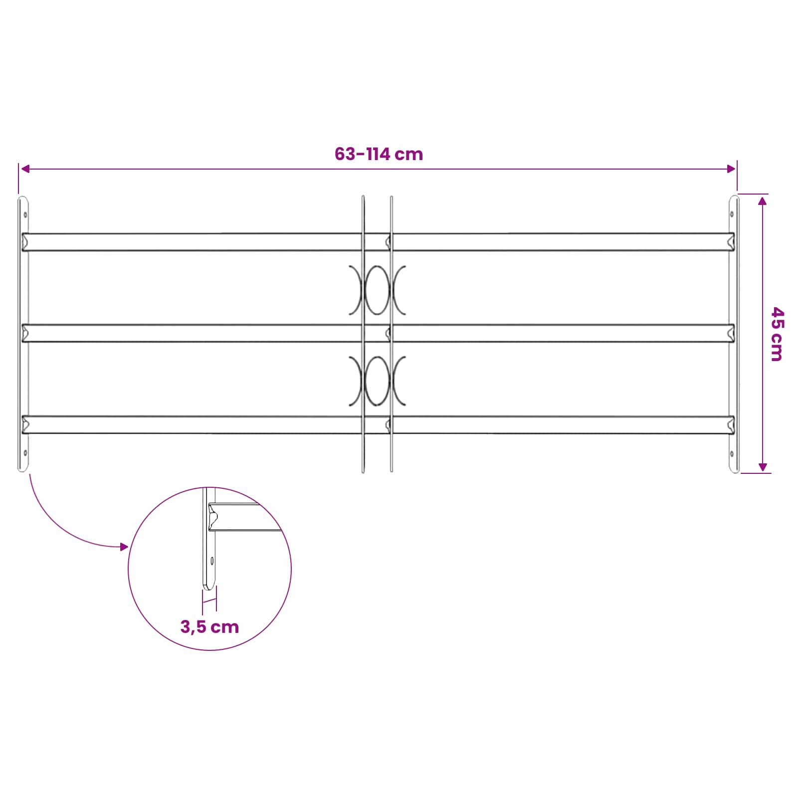 vidaXL Krata zabezpieczająca do okien z 3 poprzeczkami 3 pcs 63-114 cm