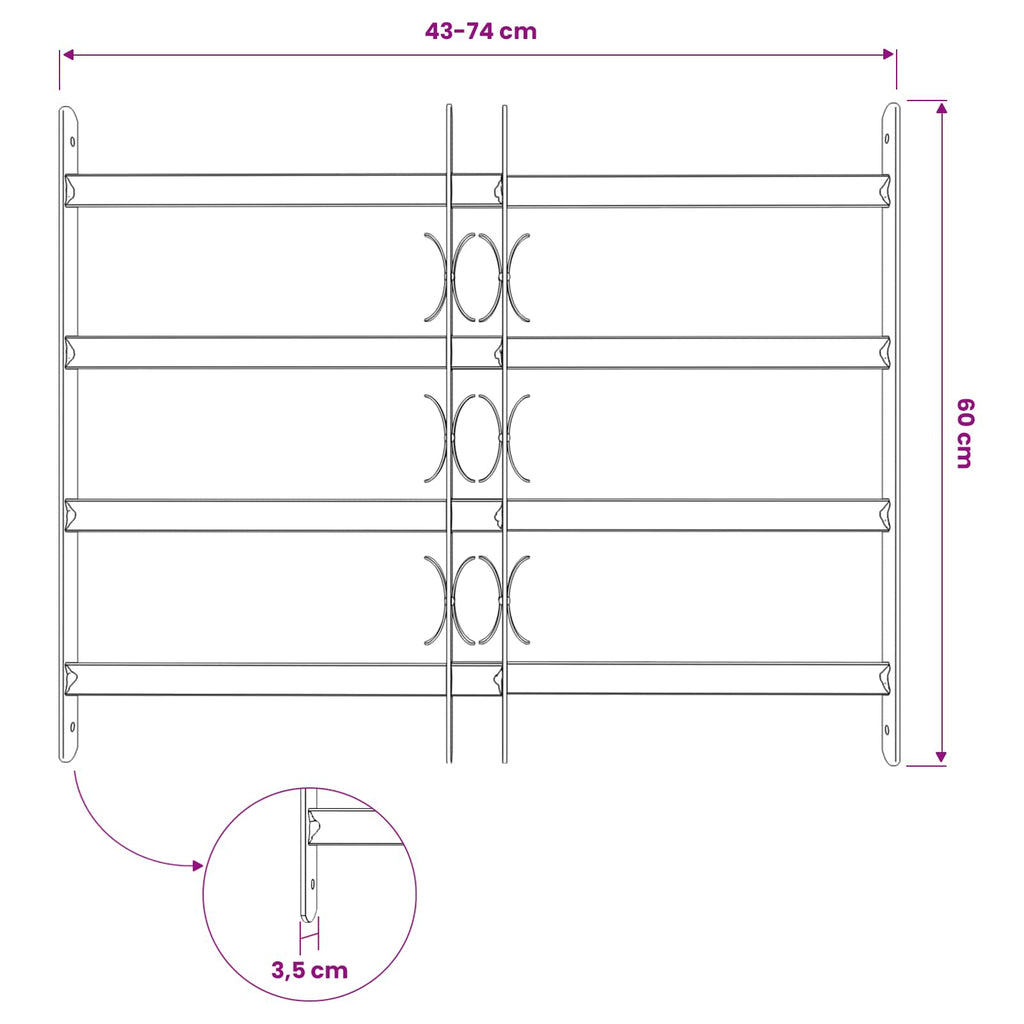 vidaXL Krata zabezpieczająca do okien z 4 poprzeczkami 3 pcs 43-74 cm