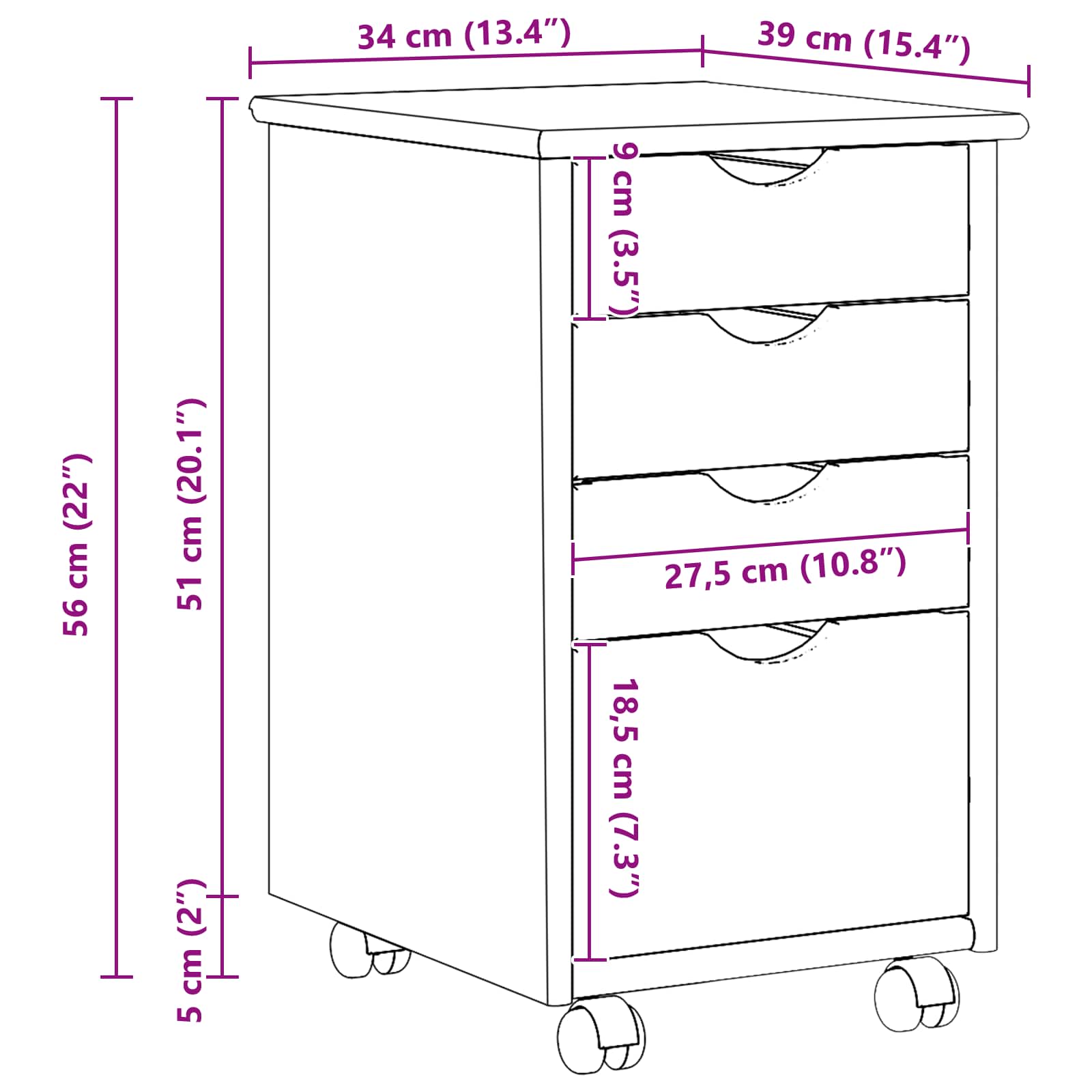 vidaXL Rolkowa szafka Brązowy 34 x 39 x 56 cm Lite drewno sosnowe