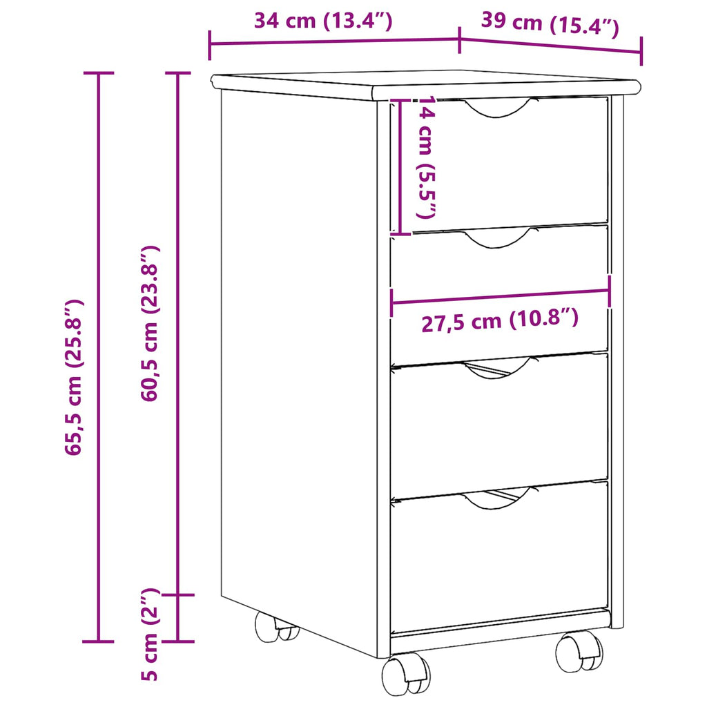 vidaXL Rolkowa szafka Brązowy 65,5 x 34 x 39 cm Lite drewno sosnowe