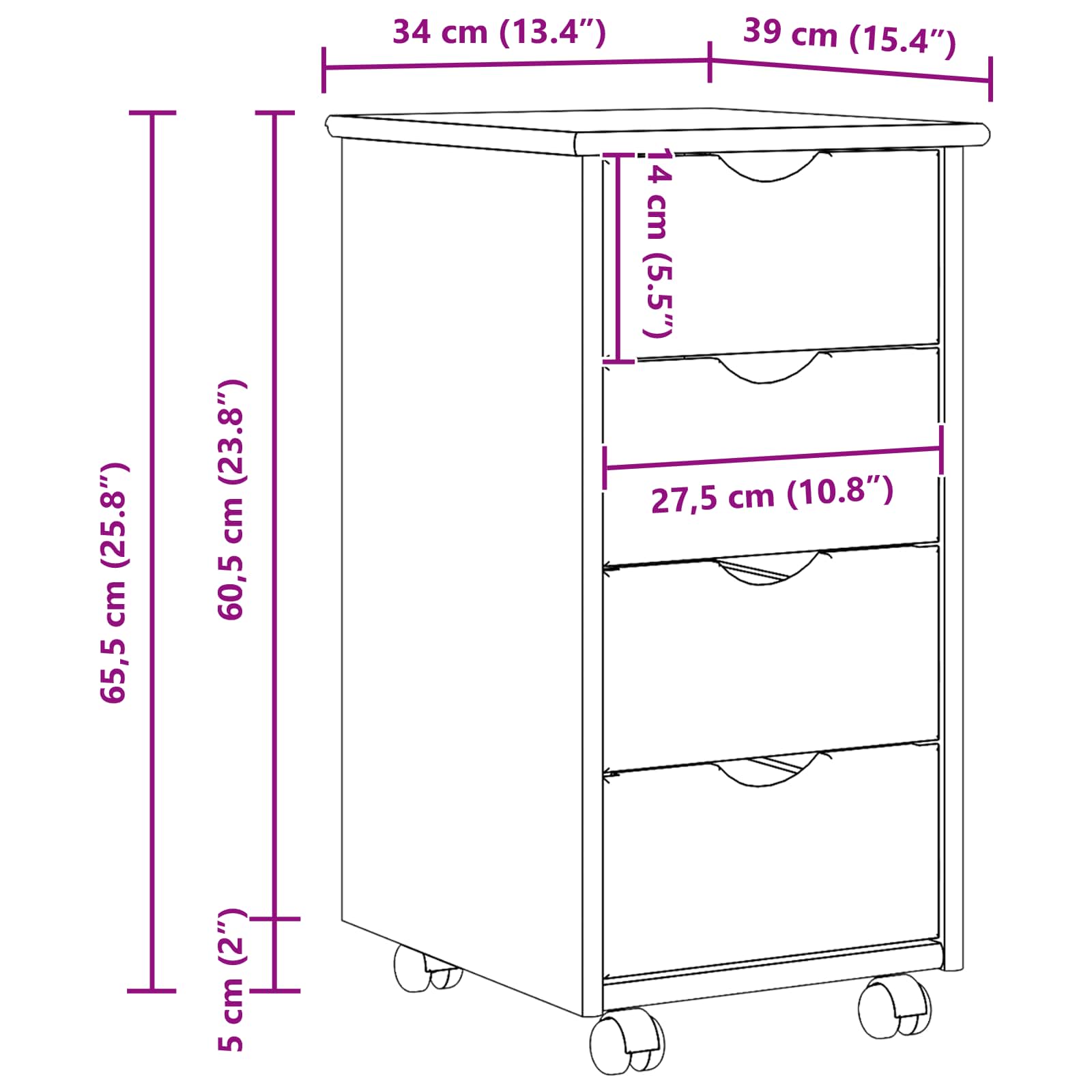 vidaXL Rolkowa szafka Brązowy 65,5 x 34 x 39 cm Lite drewno sosnowe