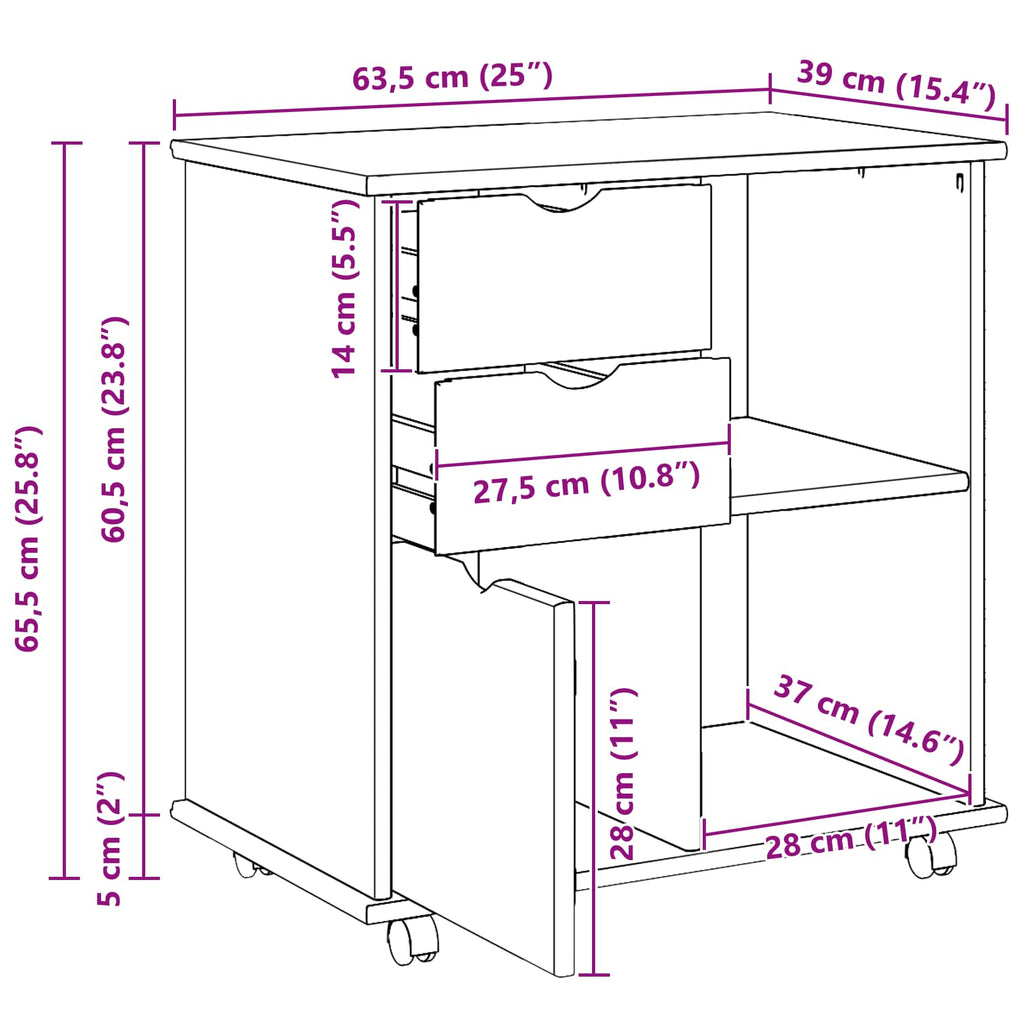 vidaXL Rolkowa szafka Brązowy 63,5 x 39 x 65,5 cm Lite drewno sosnowe
