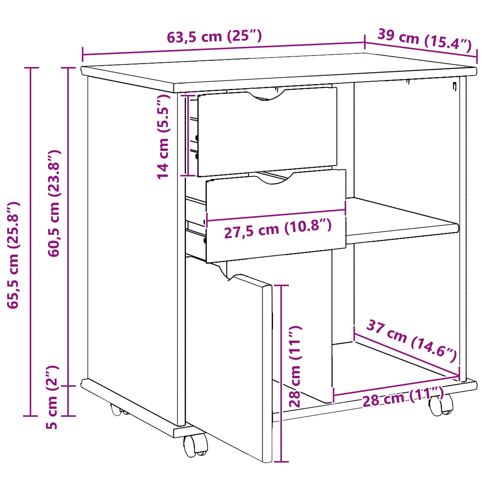vidaXL Rolkowa szafka Brązowy 63,5 x 39 x 65,5 cm Lite drewno sosnowe