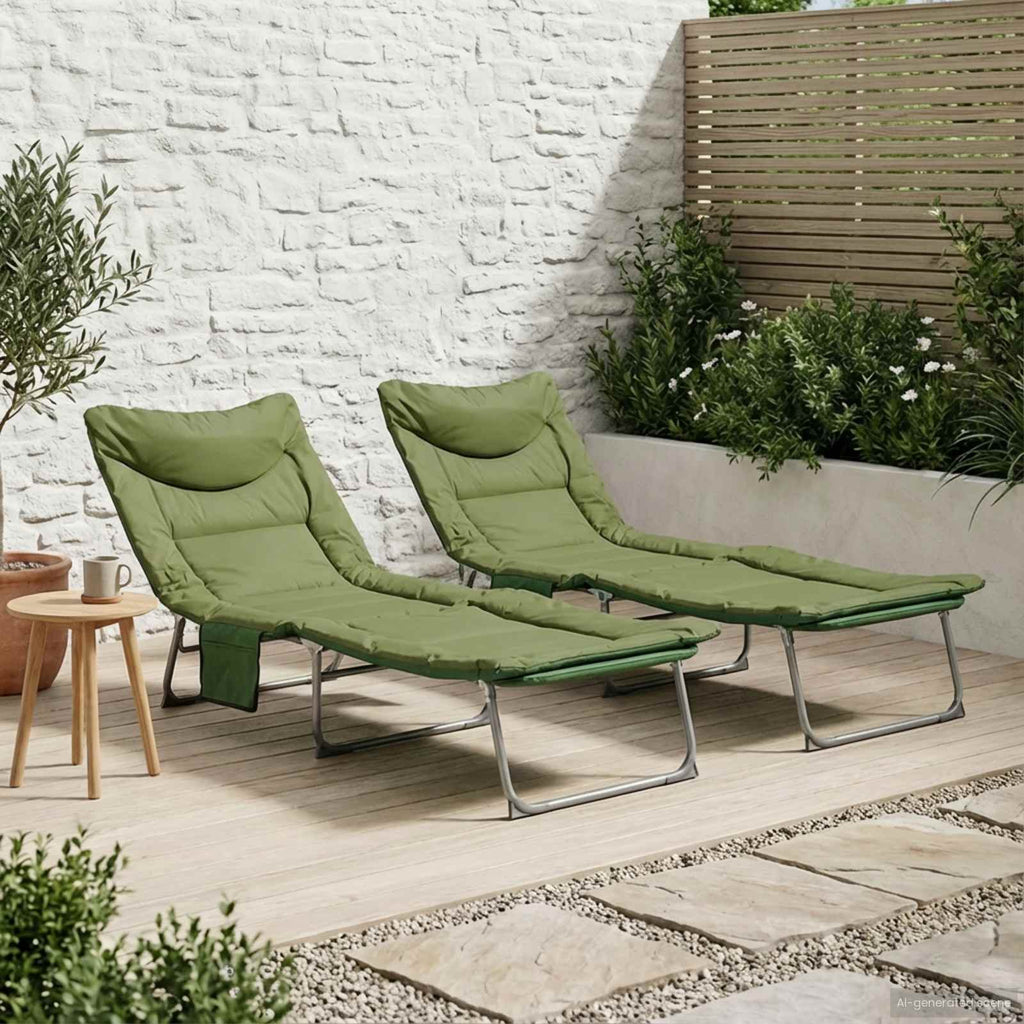 vidaXL Składany leżak słoneczny z poduszką 2 pcs Ciemnozielony