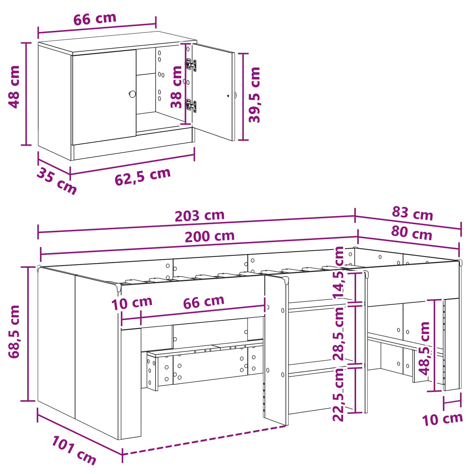 vidaXL Łóżko na podwyższeniu z szafką z przechowywaniem 3 pcs Biały