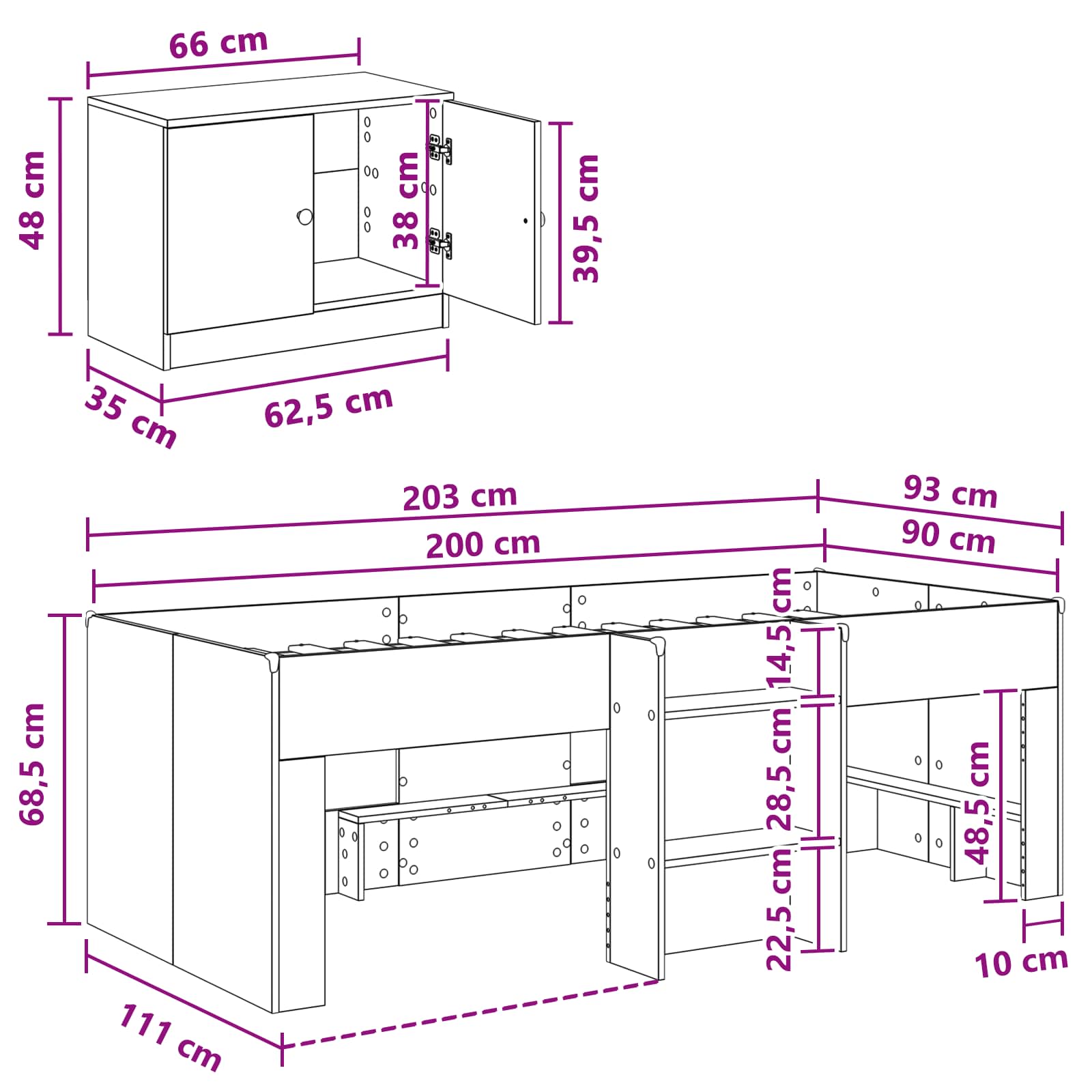 vidaXL Łóżko na podwyższeniu z szafką z przechowywaniem 3 pcs Biały