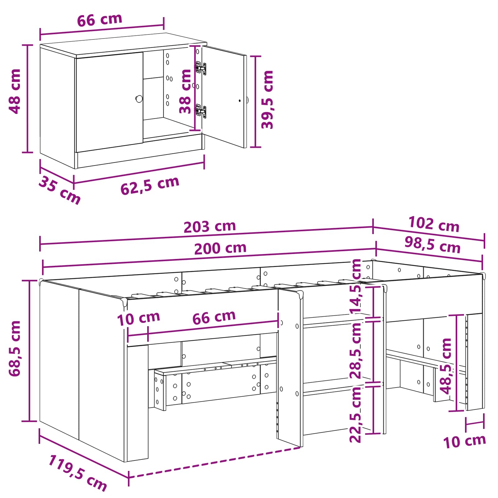 vidaXL Stelaż łóżka na poddaszu z szafką z przechowywaniem 3 pcs Biały