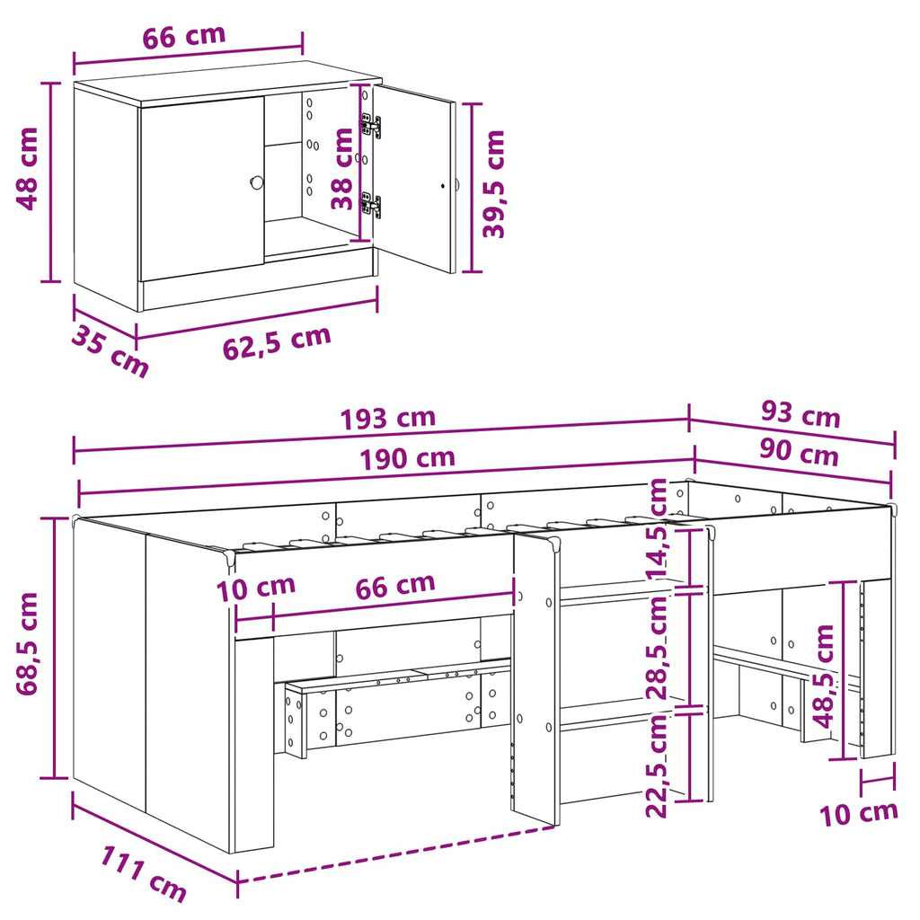 vidaXL Łóżko na podwyższeniu z szafką z przechowywaniem 3 pcs Biały