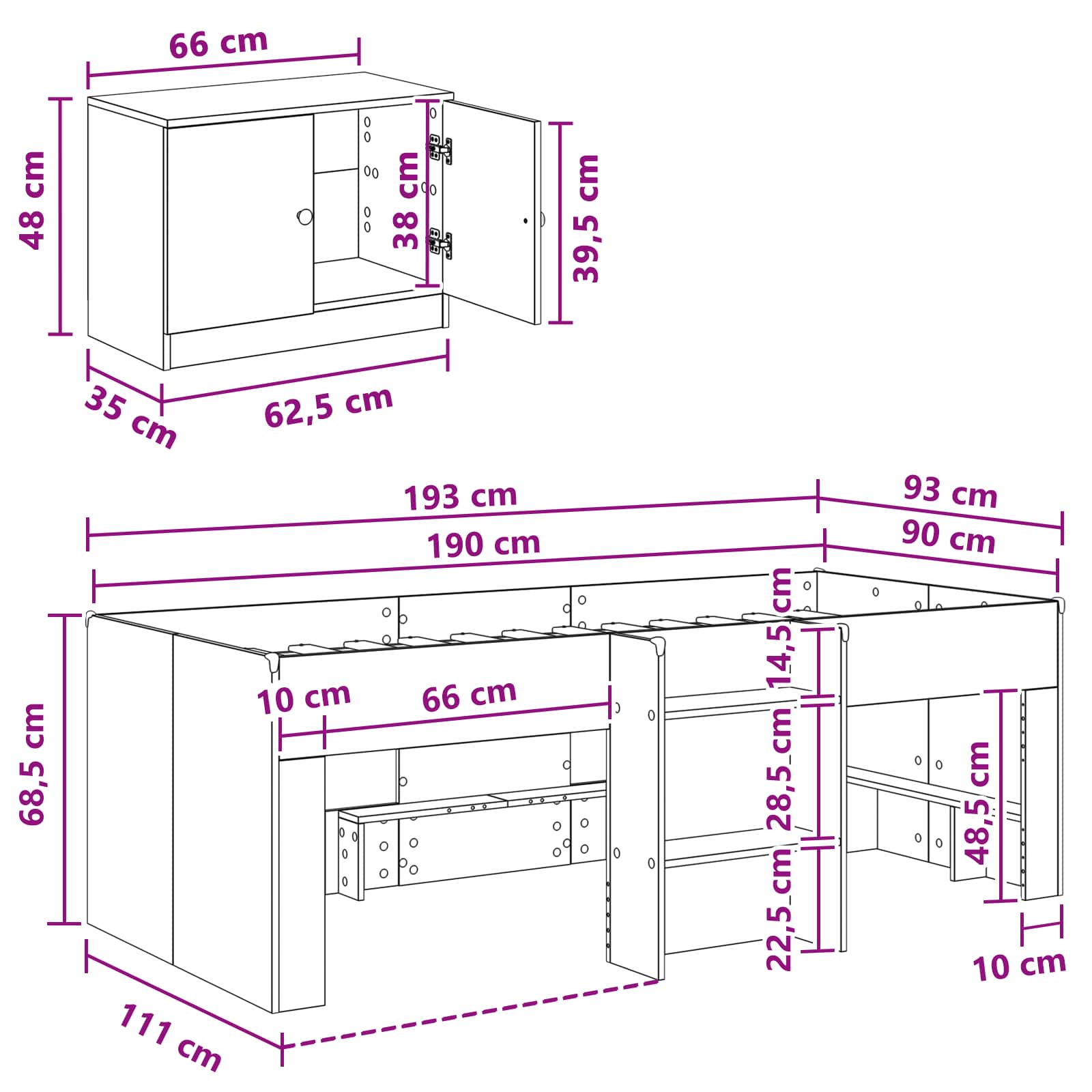 vidaXL Łóżko na podwyższeniu z szafką z przechowywaniem 3 pcs Biały