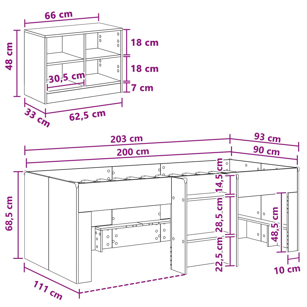 vidaXL Łóżko na podwyższeniu z szafką z półką 3 pcs Biały