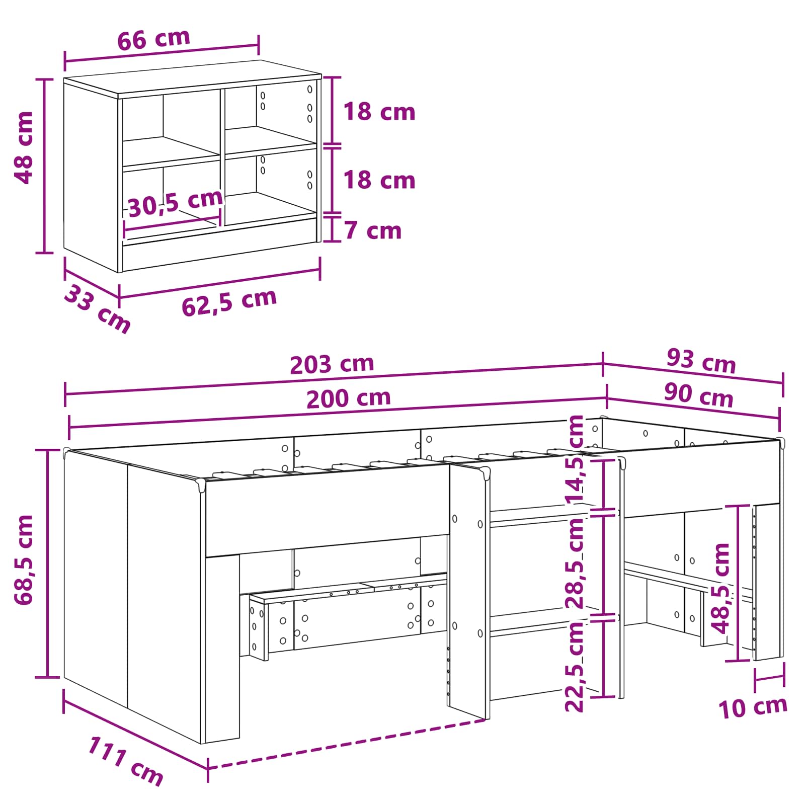 vidaXL Łóżko na podwyższeniu z szafką z półką 3 pcs Biały