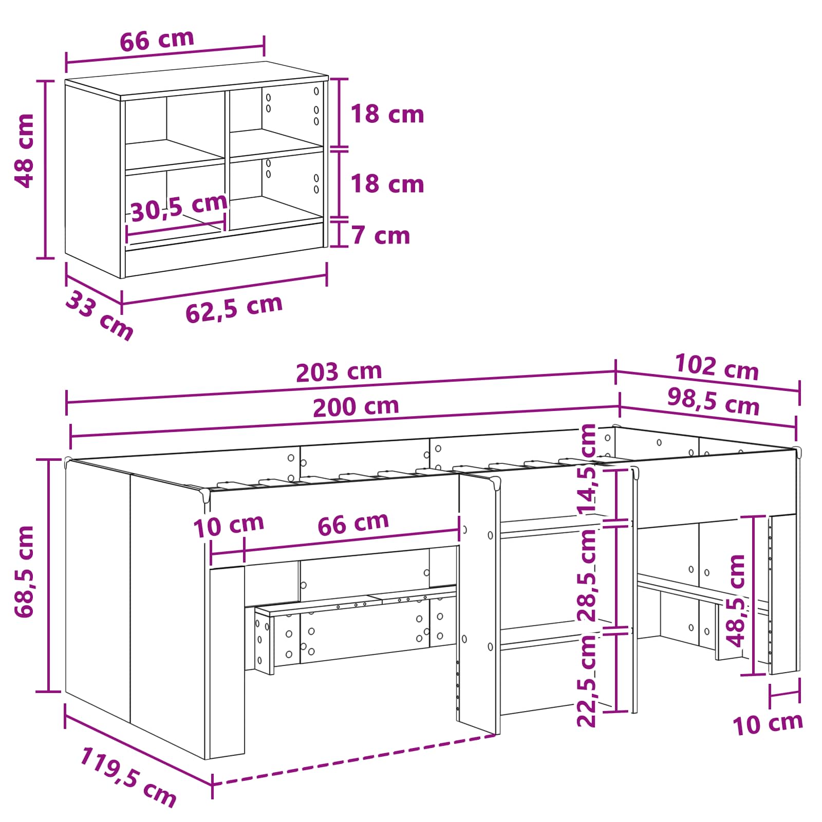 vidaXL Łóżko na podwyższeniu z szafką z półką 3 pcs Biały
