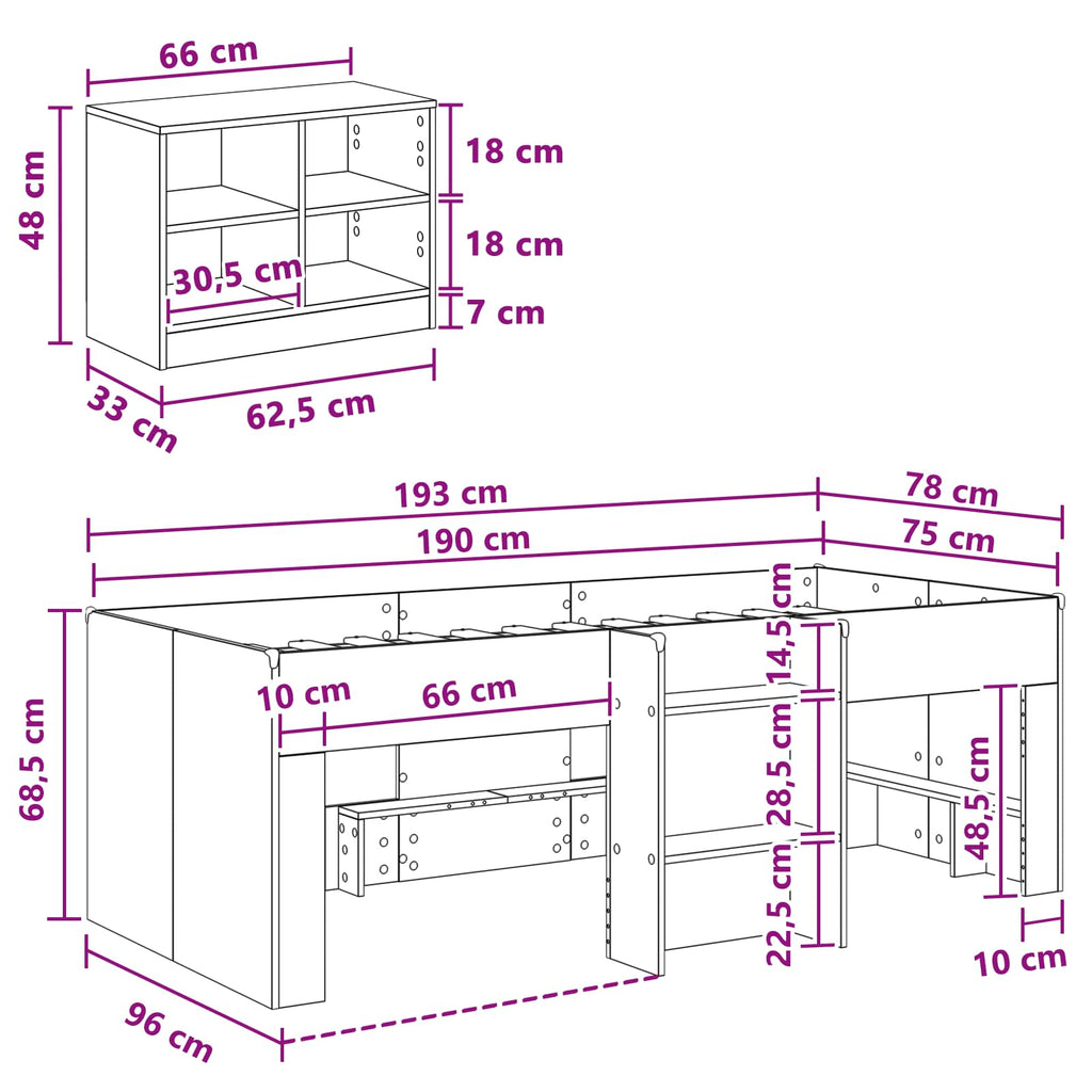 vidaXL Łóżko na podwyższeniu z szafką z półką 3 pcs Biały
