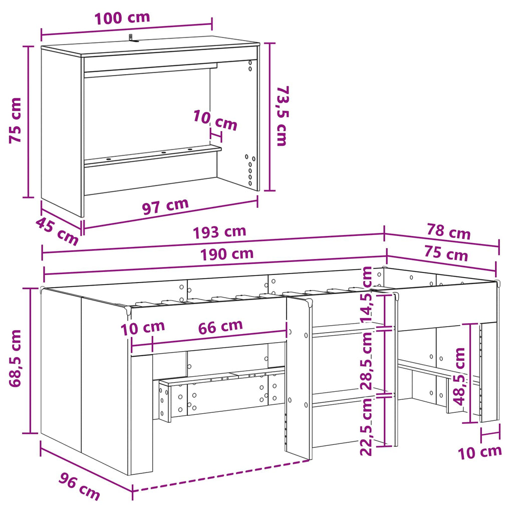 vidaXL Pojedyncze łóżko dla dzieci z biurkiem Biały 75 x 190 cm