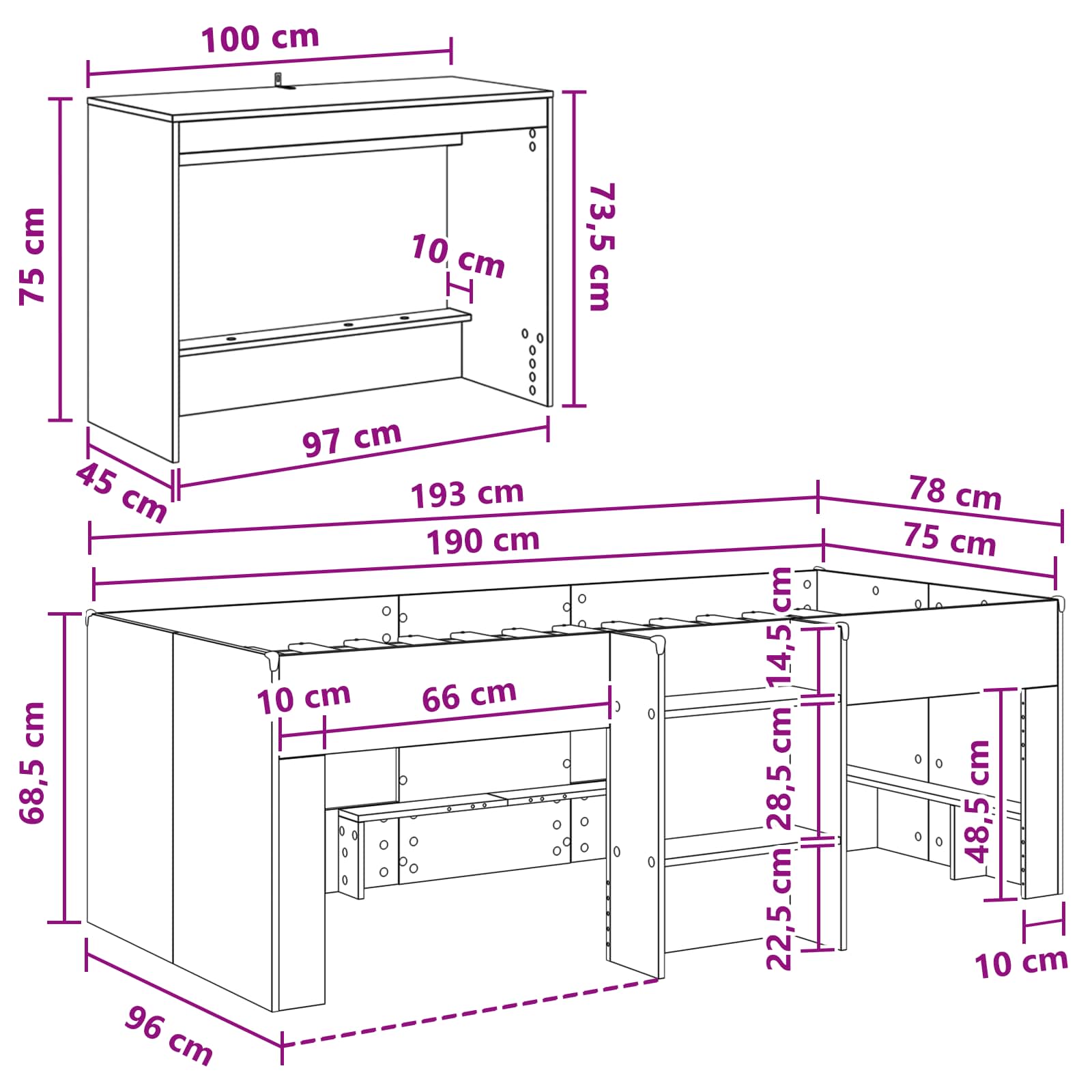 vidaXL Pojedyncze łóżko dla dzieci z biurkiem Biały 75 x 190 cm
