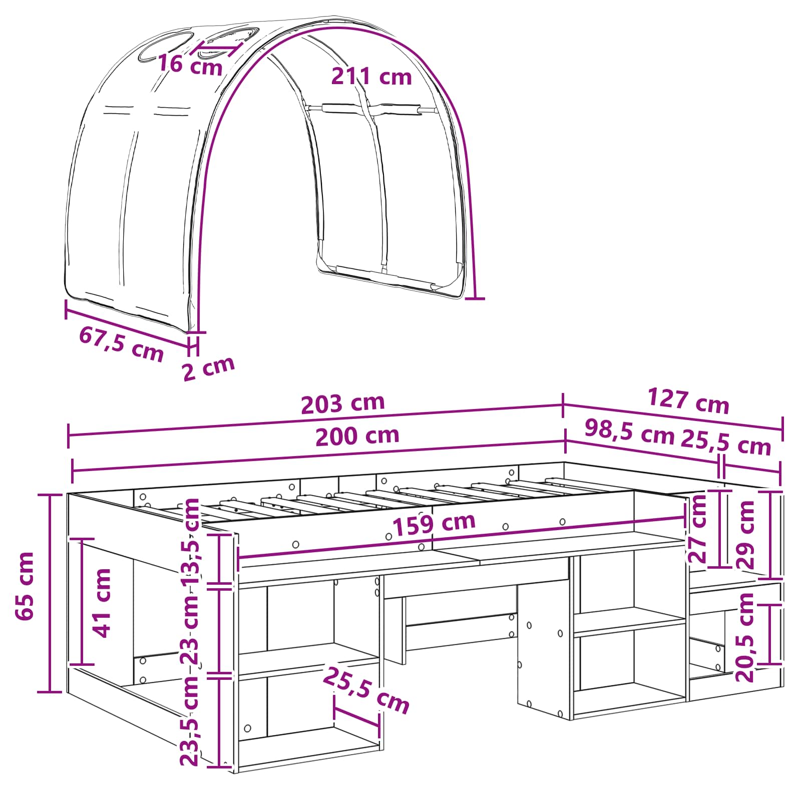 vidaXL Łóżko z tunelami z półką 3 pcs Biały Drewno inżynieryjne