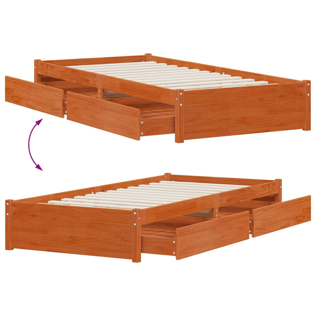 vidaXL Ramka łóżka z szufladą 3 pcs Woskowy Brąz Drewno sosnowe