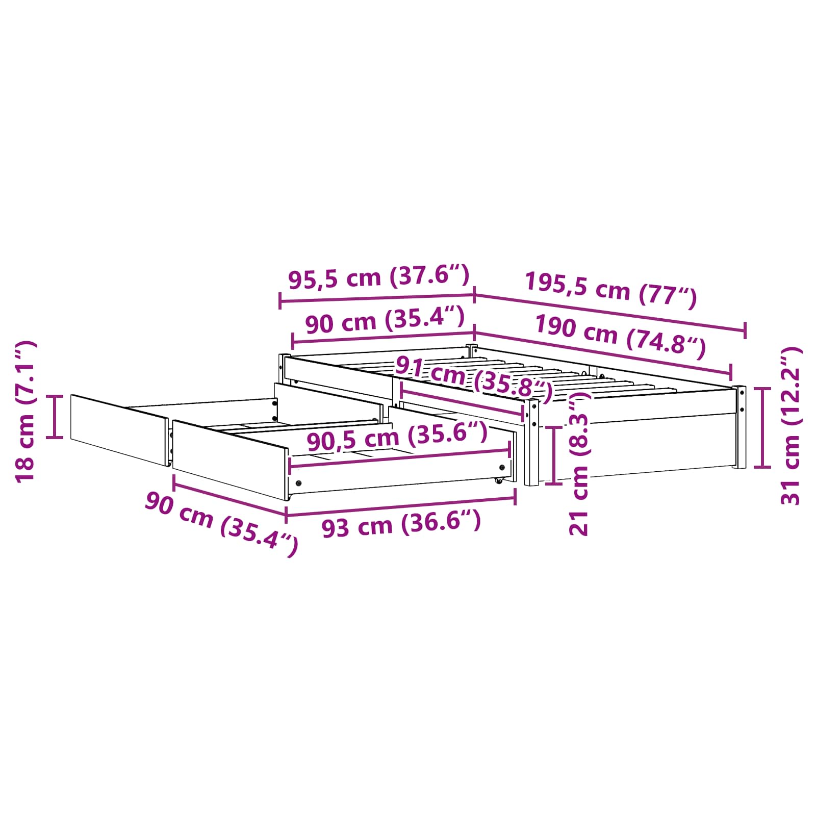 vidaXL Ramka łóżka z szufladą 3 pcs Woskowy Brąz Drewno sosnowe
