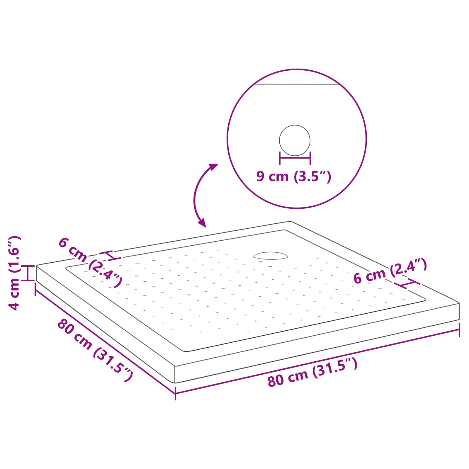 vidaXL Brodzik prysznicowy z kropeczkami 80 x 80 x 4 cm ABS Czarny