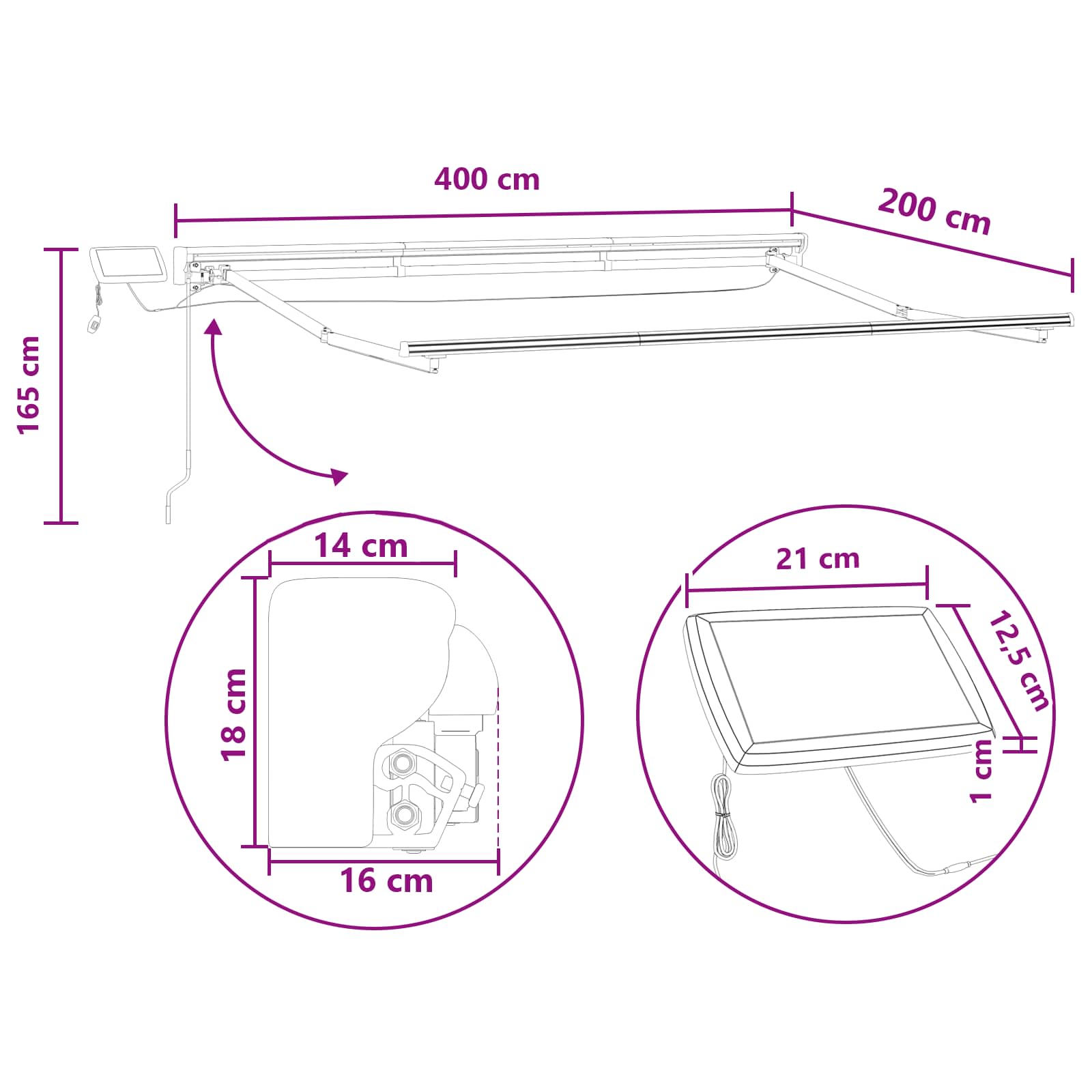 vidaXL Ręczny ramowy zewnętrzny markizowy z LED 4 x 2 m