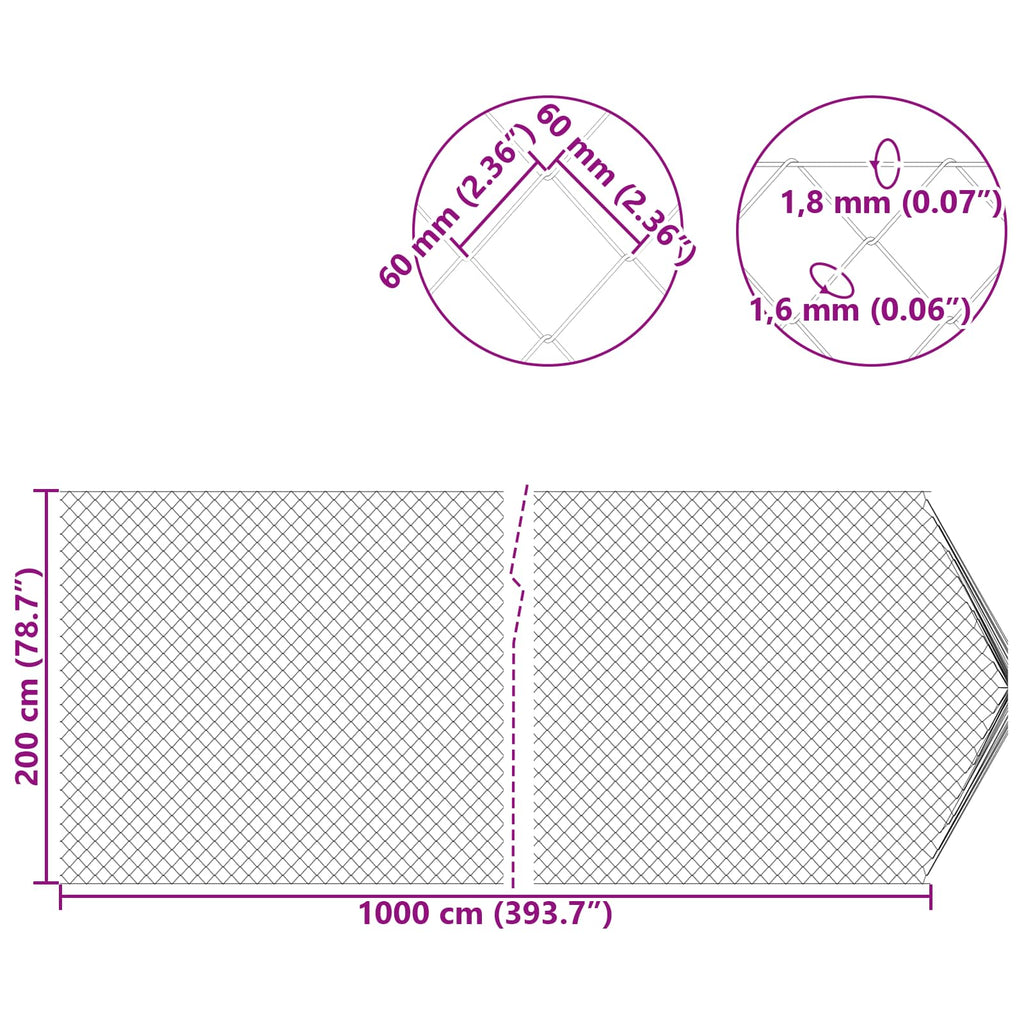 vidaXL Ogrodzenie łańcuchowe Ocynkowany 2 x 10 m Szkło