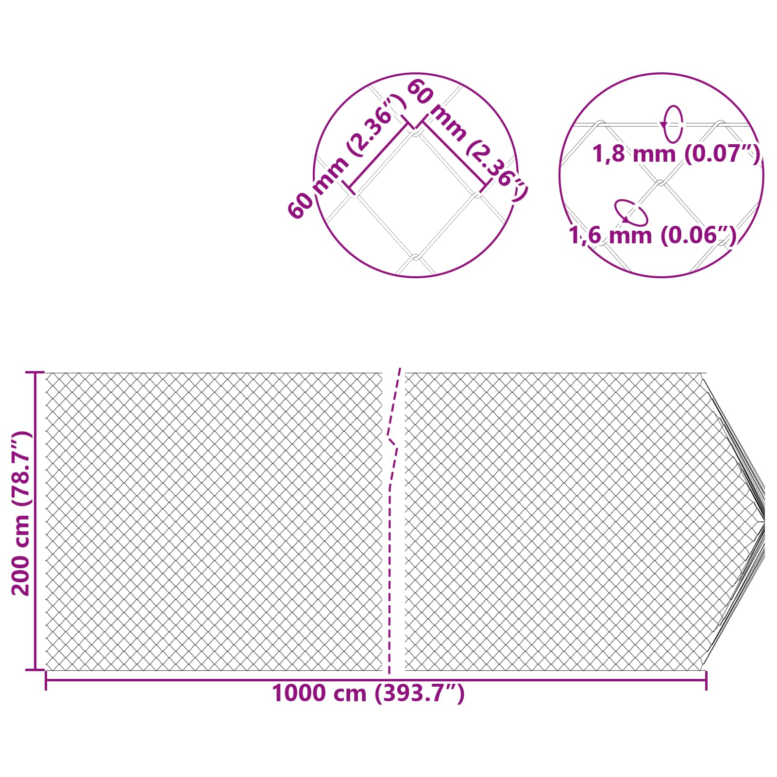 vidaXL Ogrodzenie łańcuchowe Ocynkowany 2 x 10 m Szkło