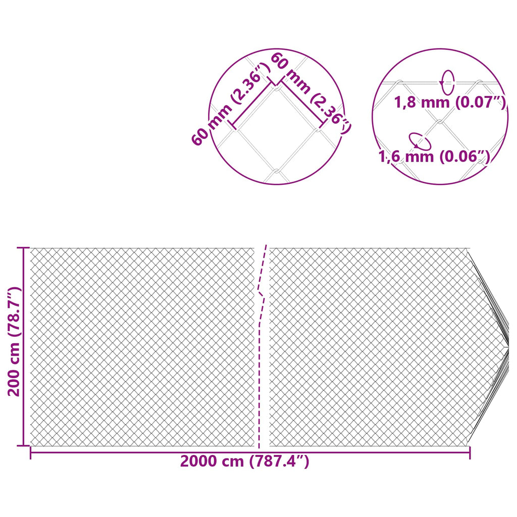 vidaXL Ogrodzenie łańcuchowe Ocynkowany 2 x 20 m Szkło