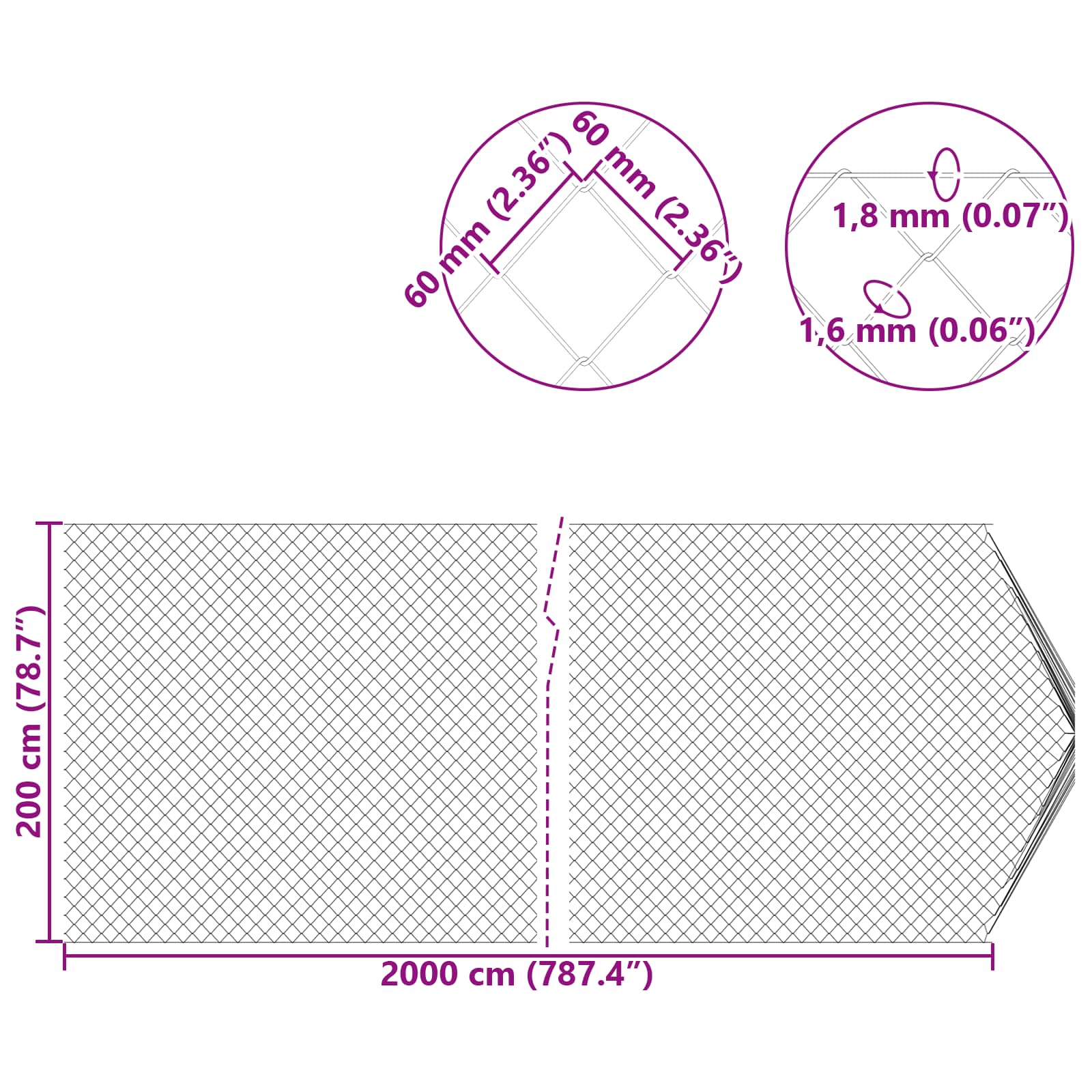 vidaXL Ogrodzenie łańcuchowe Ocynkowany 2 x 20 m Szkło
