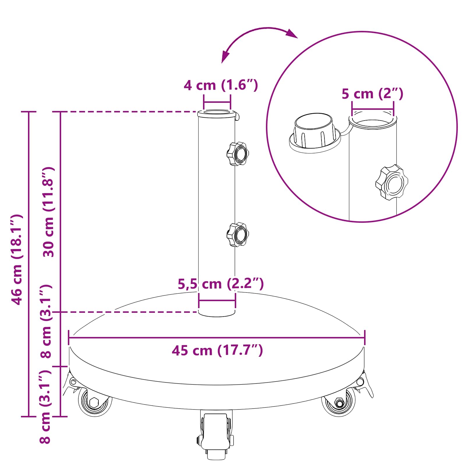 vidaXL Podstawa parasola Granite z kółkami do słupka 4-5 cm 27.2 kg
