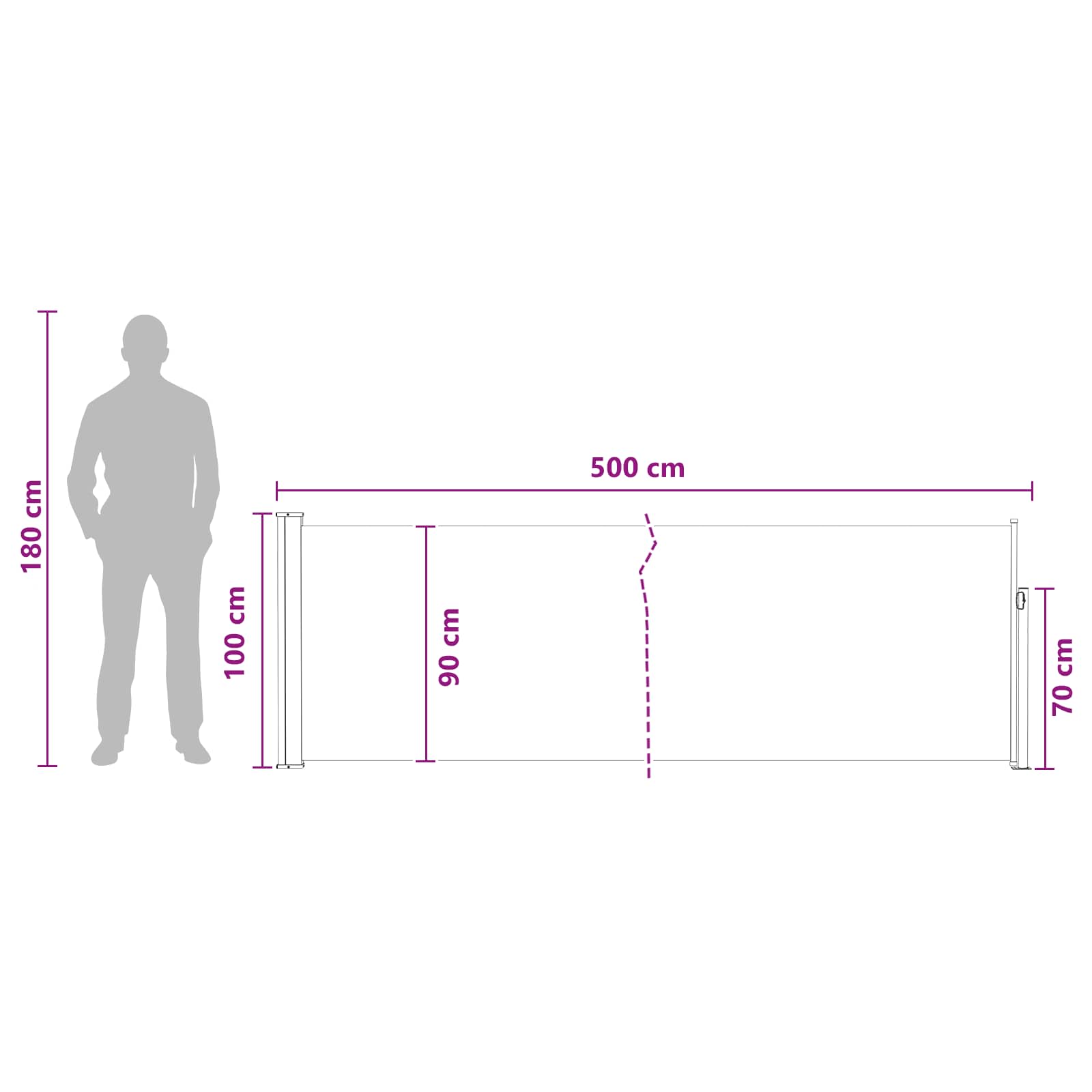 vidaXL Rozkładany boczny markiz 500 x 100 cm Poliester Prostokątny