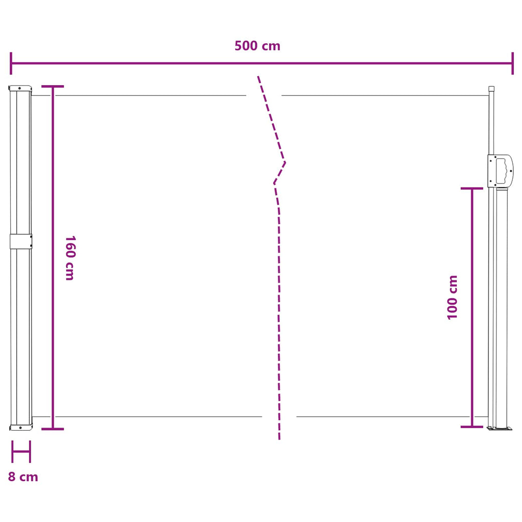 vidaXL Rozkładany boczny markiz Szary 500 x 160 cm Poliester